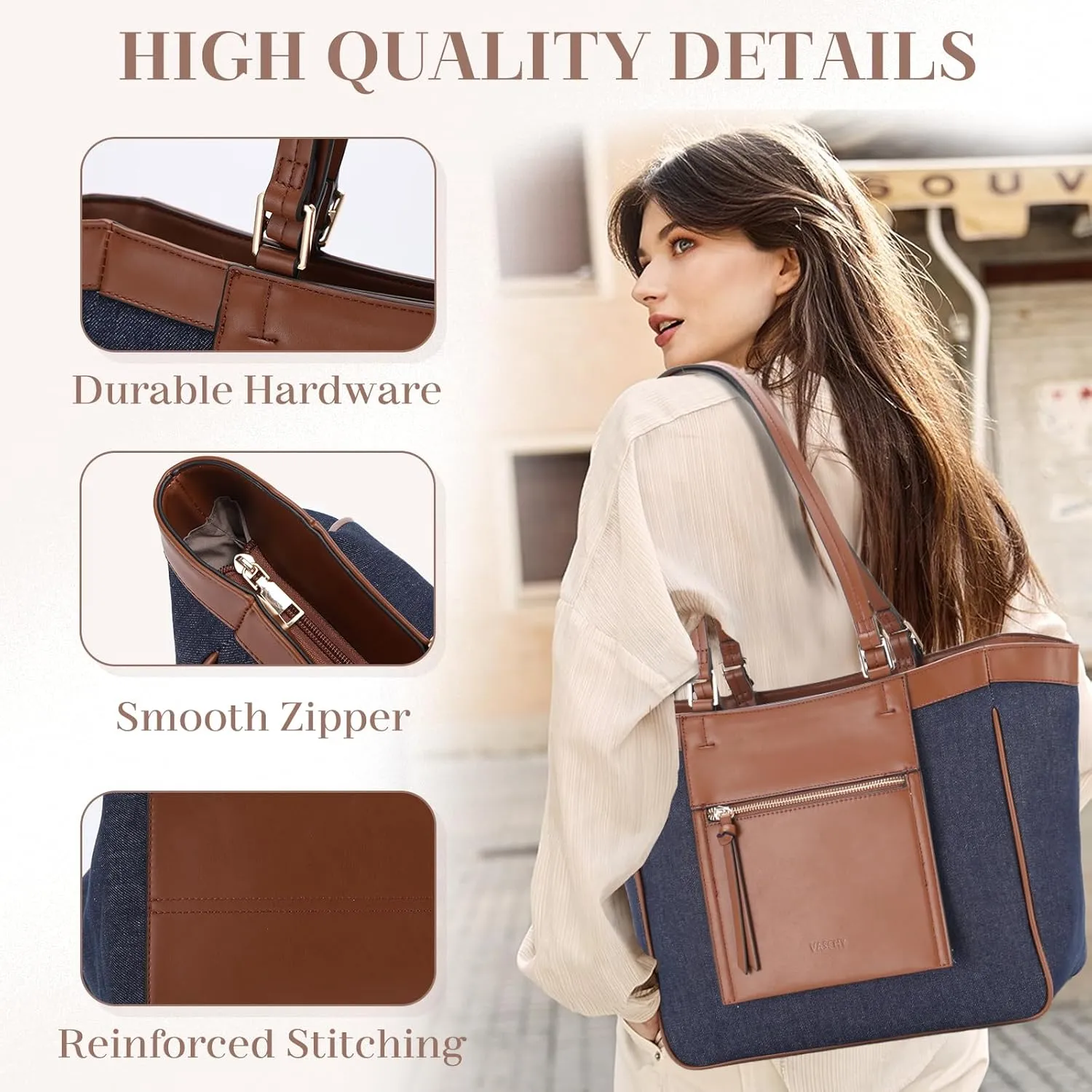 VASCHY Tote Bag Purse for Women, Fashion Canvas Vegan Leather Patchwork Satchel Shoulder Bag Handbag for Work