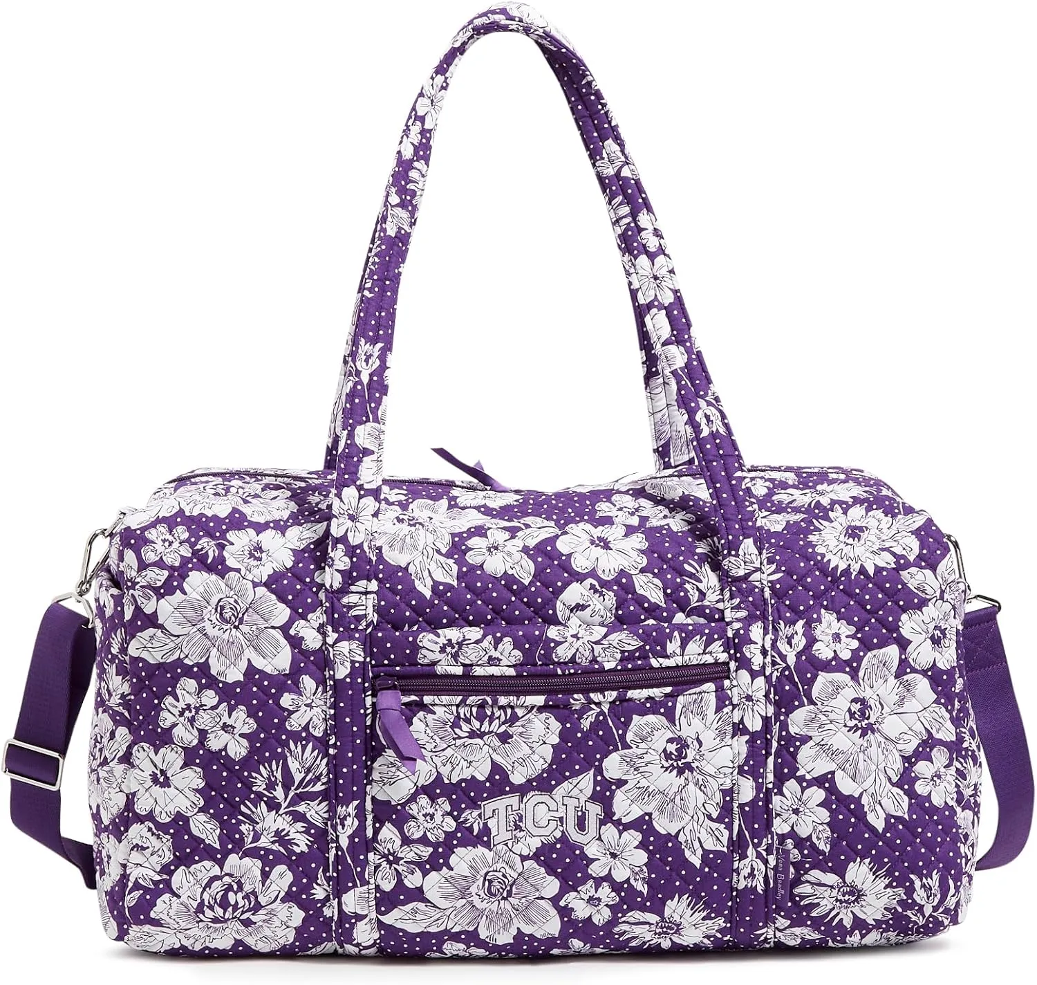 Vera Bradley Cotton Collegiate Large Travel Duffle Bag (Multiple Teams Available), Purple/White Rain Garden with Texas Christian University