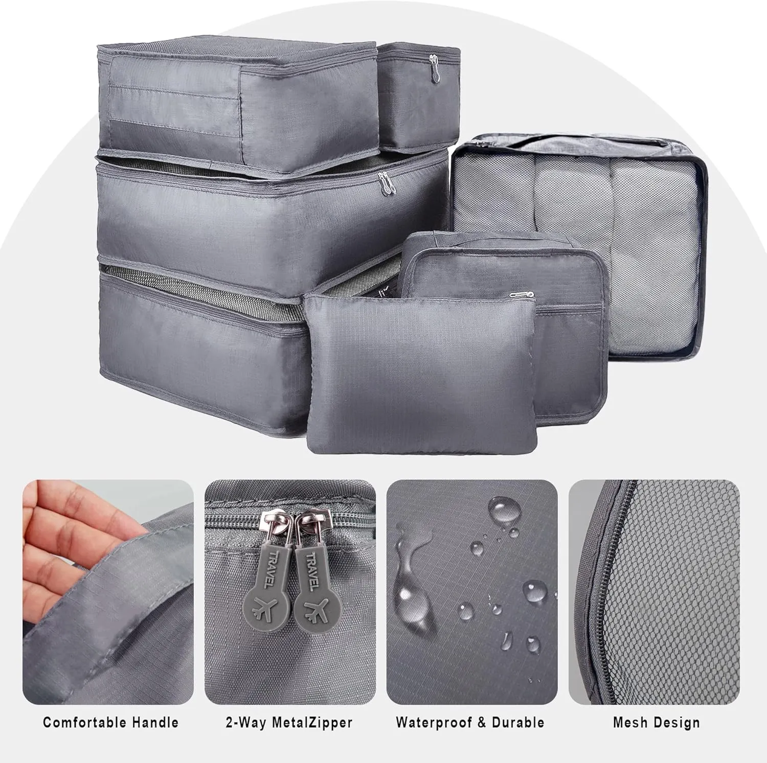 Vercord 7 Set Travel Packing Organizers Cubes Luggage Suitcase Organizer Bags Clothes Underwear Cube Shoe Pouch Pack Grey