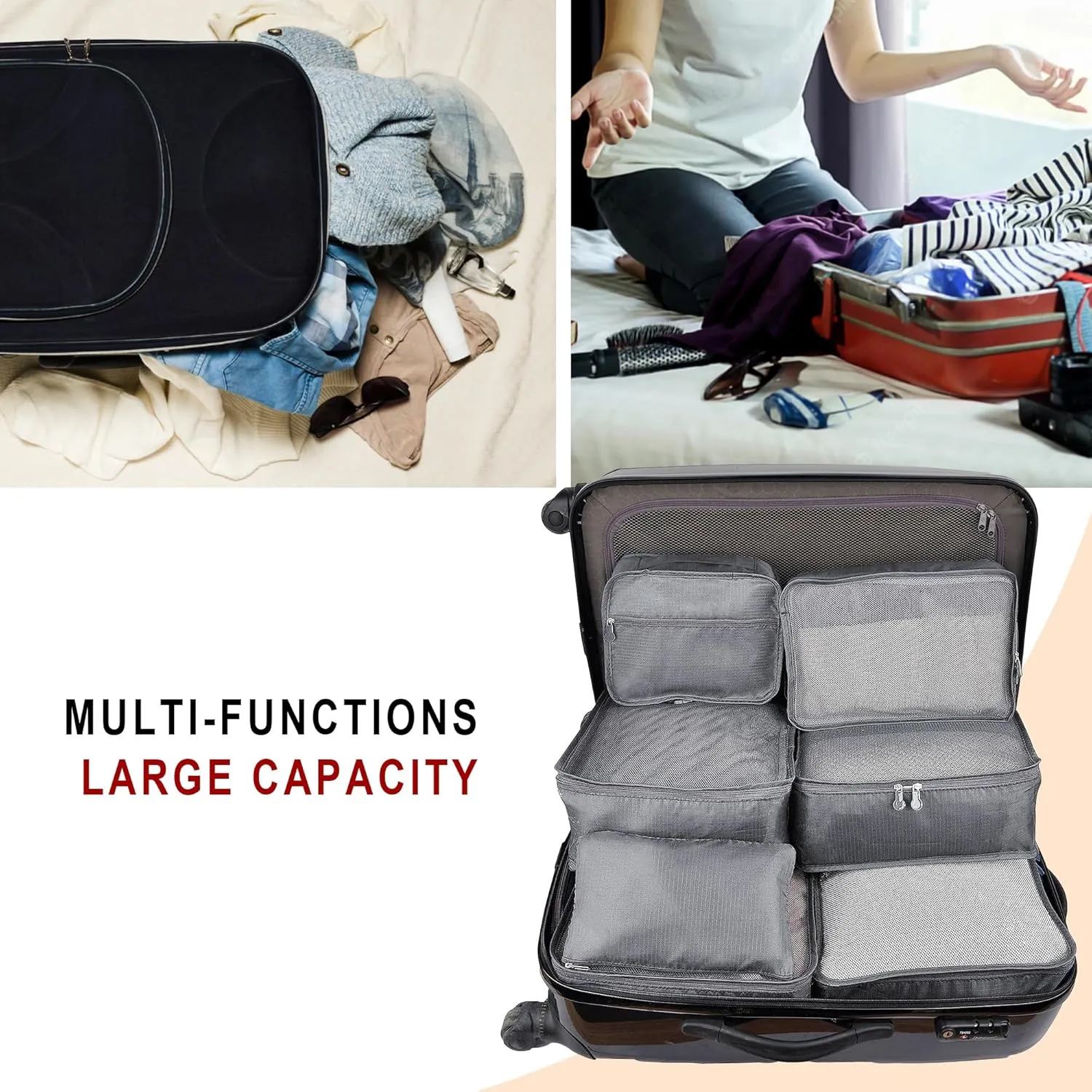 Vercord 7 Set Travel Packing Organizers Cubes Luggage Suitcase Organizer Bags Clothes Underwear Cube Shoe Pouch Pack Grey
