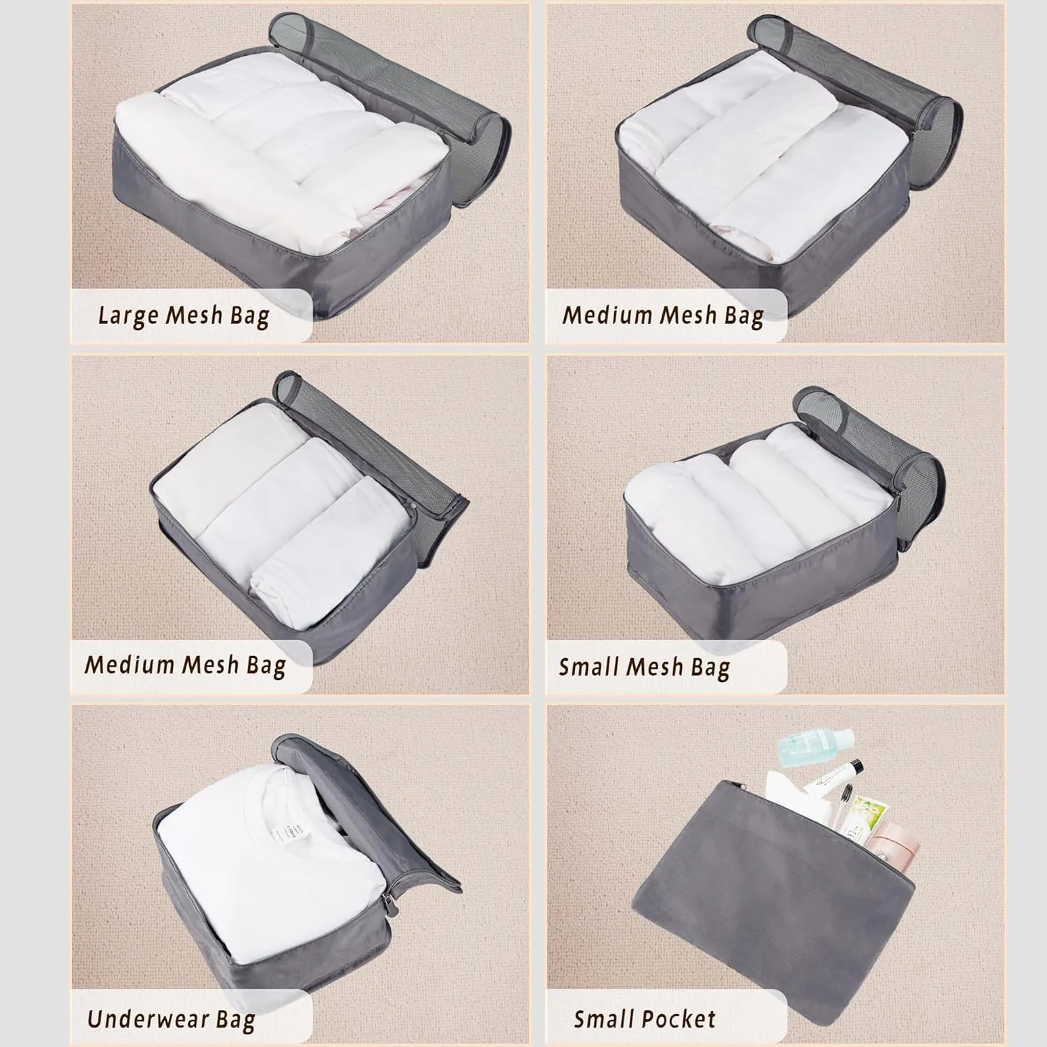 Vercord 7 Set Travel Packing Organizers Cubes Luggage Suitcase Organizer Bags Clothes Underwear Cube Shoe Pouch Pack Grey