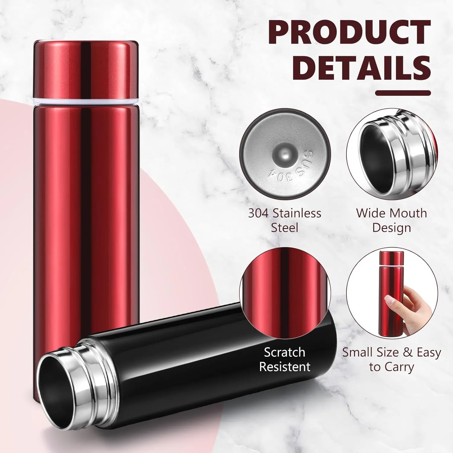 Vesici Mini Water Bottles 4.4 oz Cute Small Insulated Stainless Steel Purse Water Bottles Pocket Slim Flask Keeps Drink Cold and Hot for Women Lunch Bag Coffee(Black, Red,2 Pack)