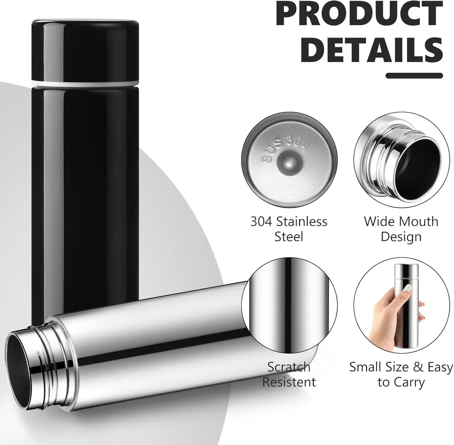 Vesici Mini Water Bottles 4.4 oz Cute Small Insulated Stainless Steel Purse Water Bottles Pocket Slim Flask Keeps Drink Cold and Hot for Women Lunch Bag Coffee(Black, Silver,2 Pack)