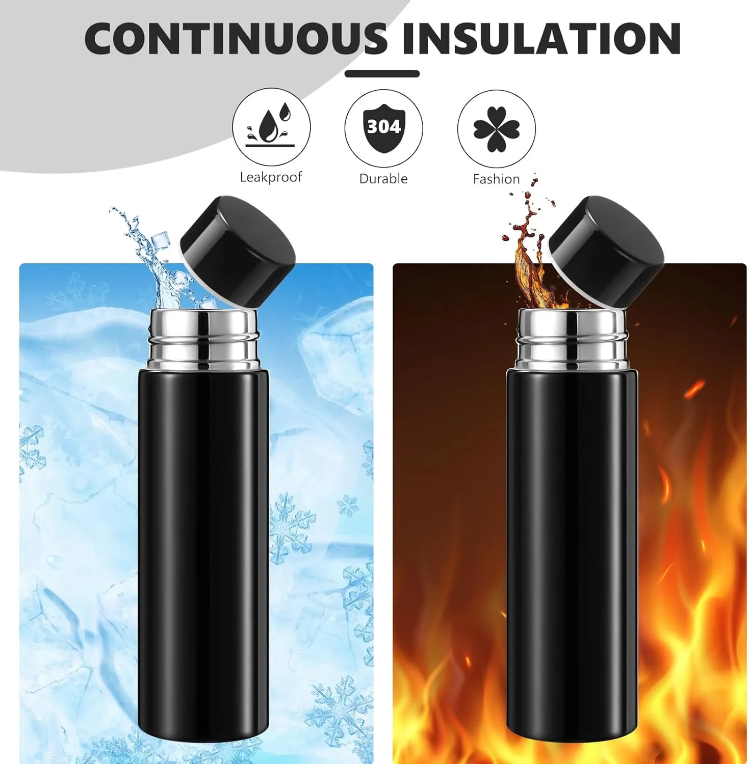 Vesici Mini Water Bottles 4.4 oz Cute Small Insulated Stainless Steel Purse Water Bottles Pocket Slim Flask Keeps Drink Cold and Hot for Women Lunch Bag Coffee(Black, Silver,2 Pack)