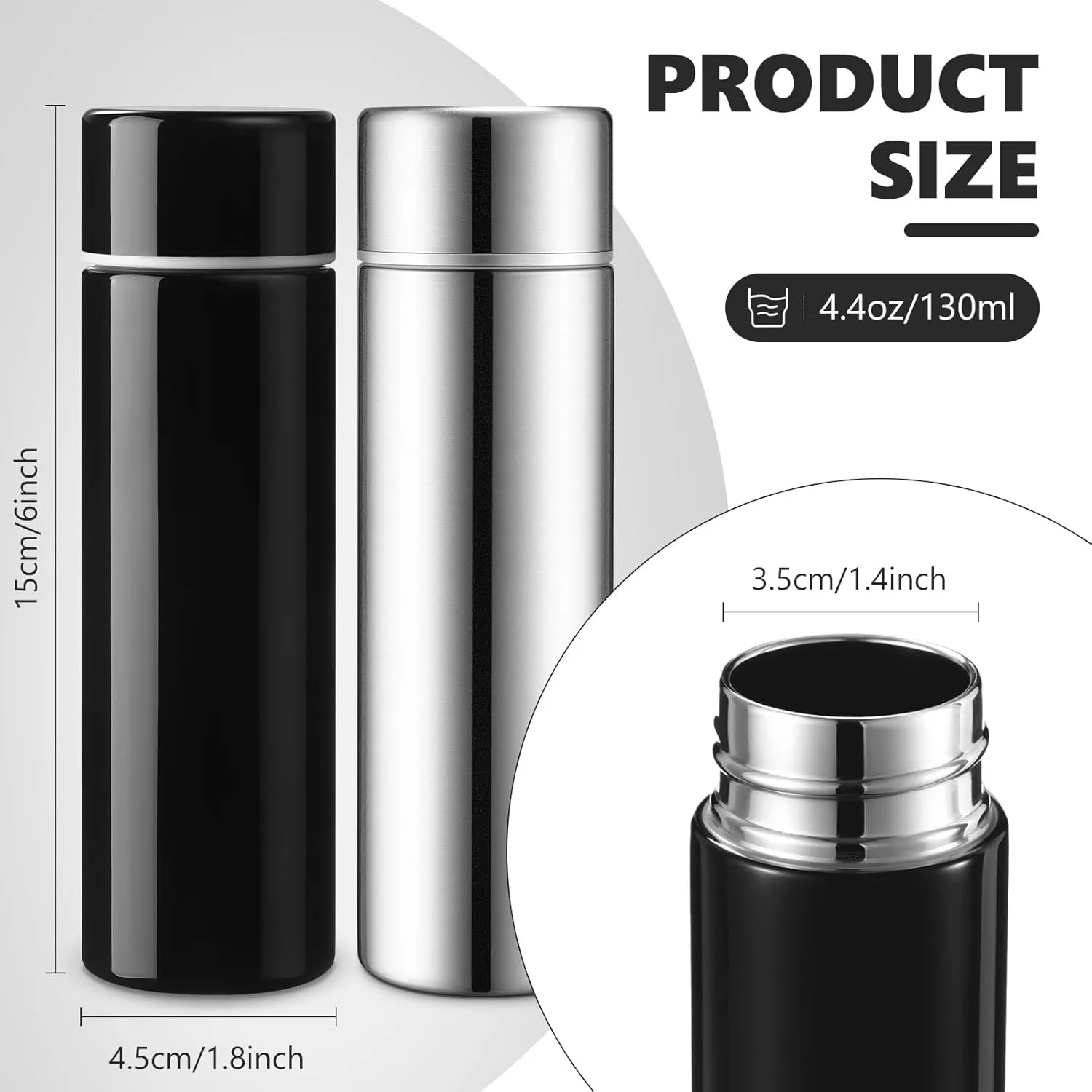 Vesici Mini Water Bottles 4.4 oz Cute Small Insulated Stainless Steel Purse Water Bottles Pocket Slim Flask Keeps Drink Cold and Hot for Women Lunch Bag Coffee(Black, Silver,2 Pack)
