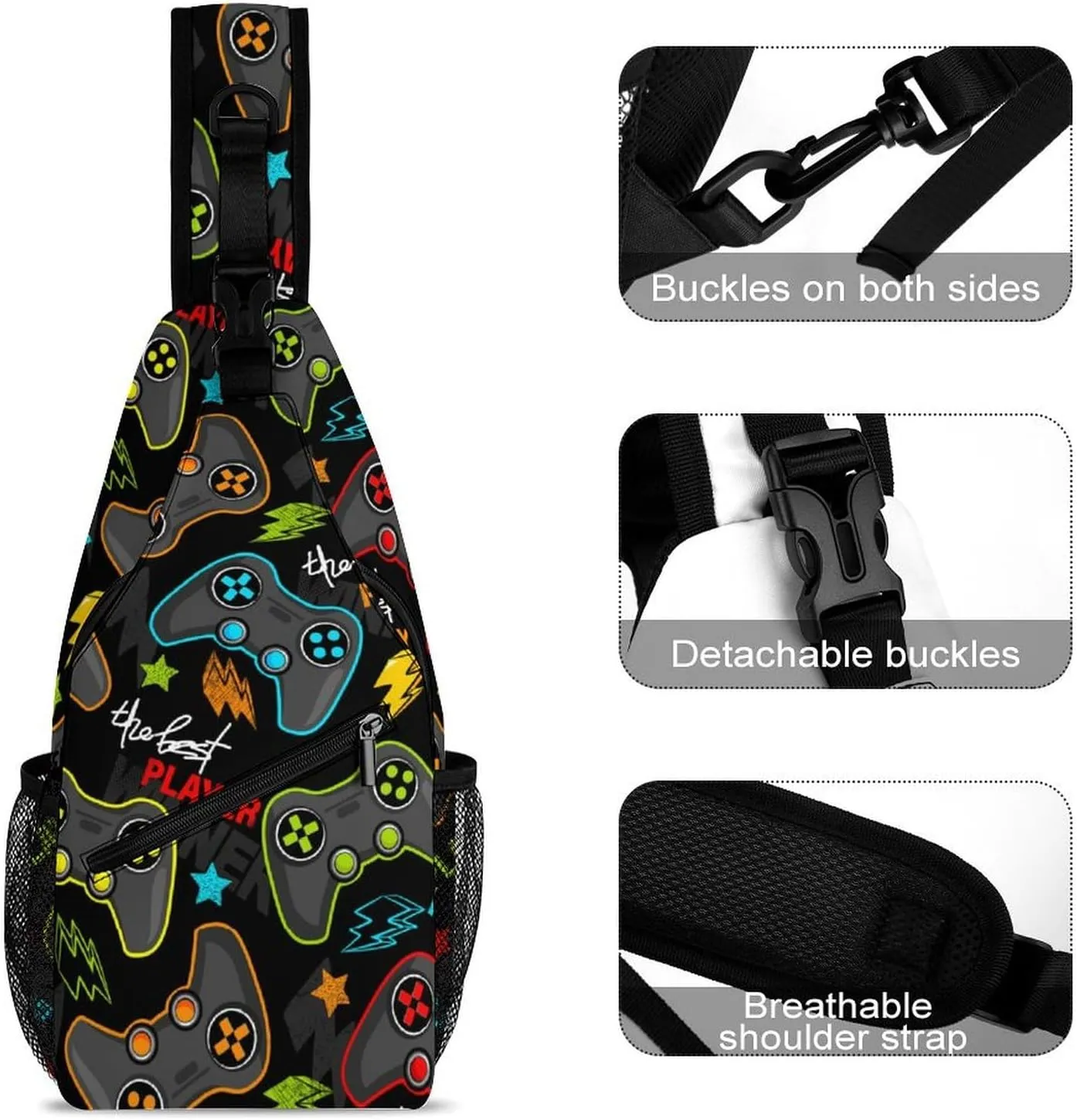Video Game Controller Sling Backpack Mans Womans Crossbody Backpack Chest Bag Gym Daypack Travel Bag Small Cross Body Bags Outdoor Backpacks