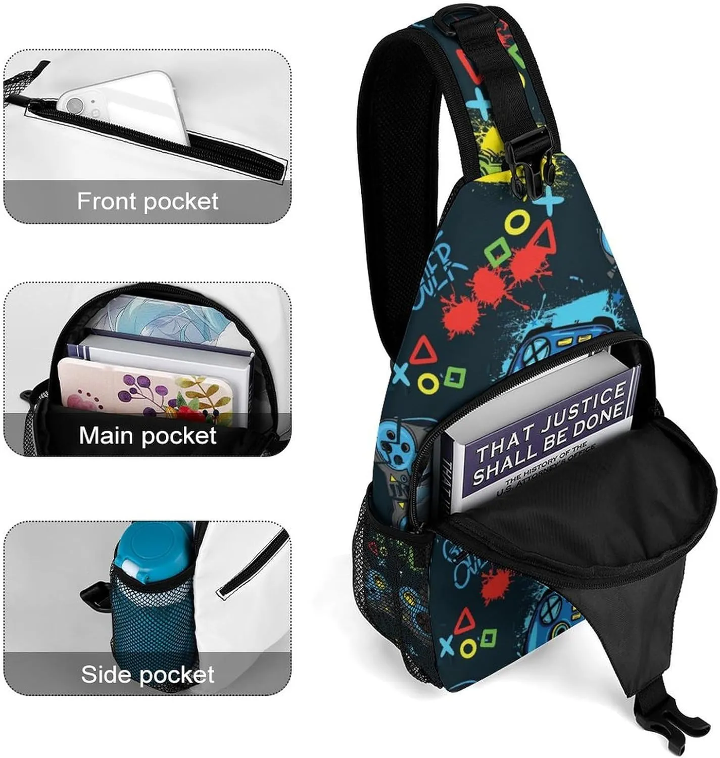 Video Game Controller Sling Backpack Mans Womans Crossbody Backpack Chest Bag Running Daypack Shoulder Bag Small Cross Body Bags Outdoor Backpacks