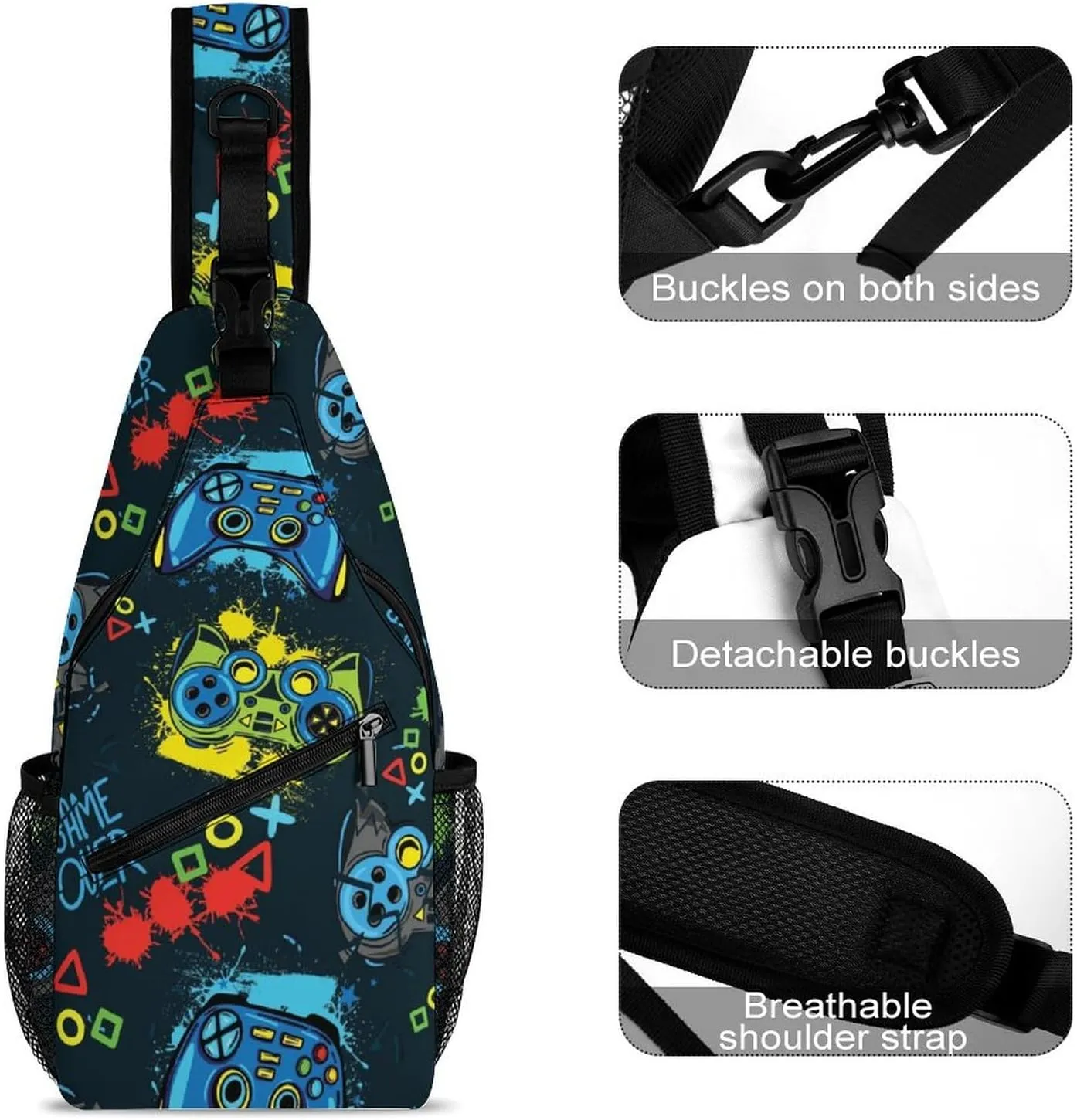Video Game Controller Sling Backpack Mans Womans Crossbody Backpack Chest Bag Running Daypack Shoulder Bag Small Cross Body Bags Outdoor Backpacks