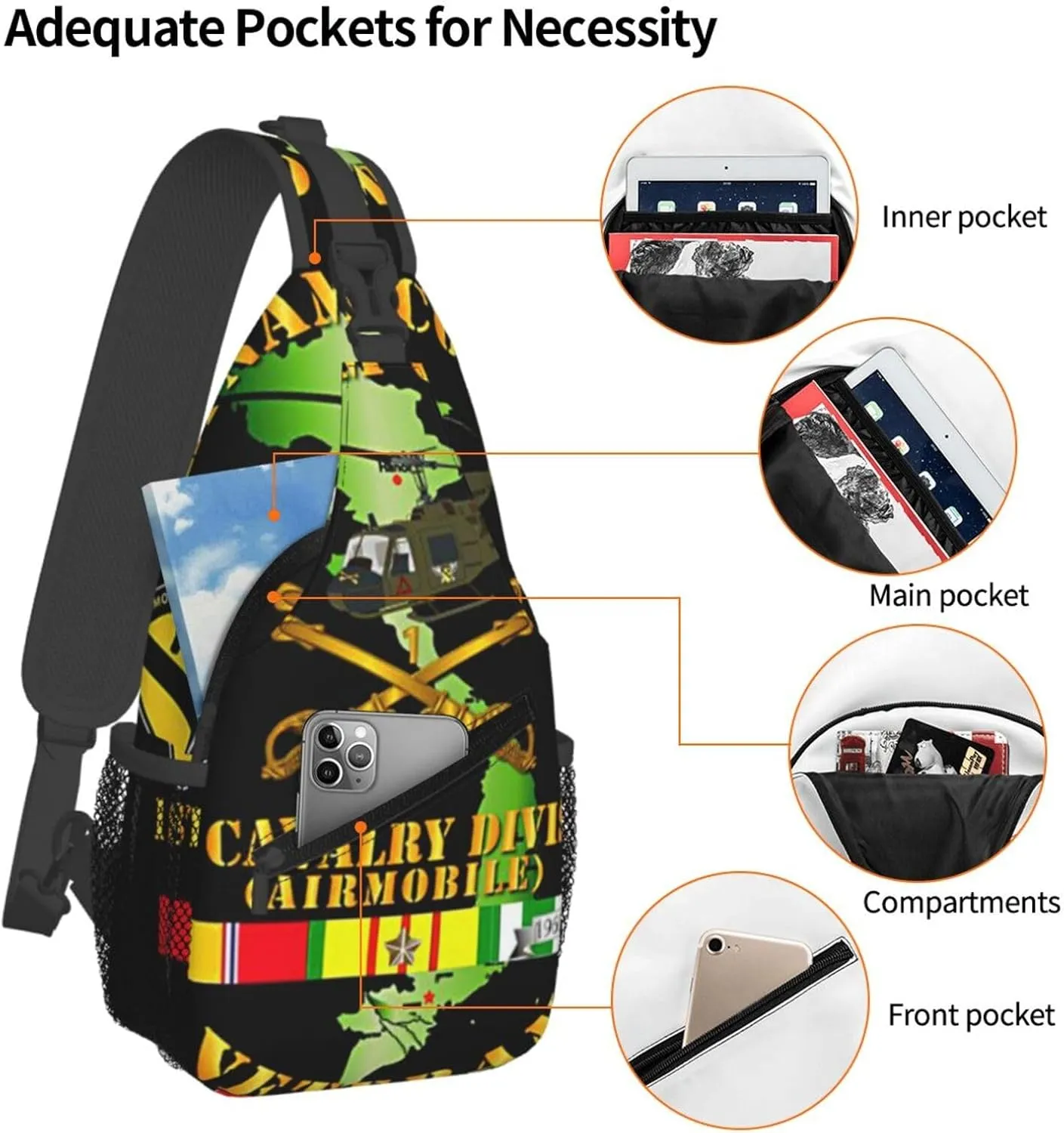 Vietnam Combat Cavalry Veteran W 1st Cavalry Small Crossbody Backpack Sling Bag For Men Women Mini One Shoulder Chest Bags Gym Sport Travel Hiking Daypack