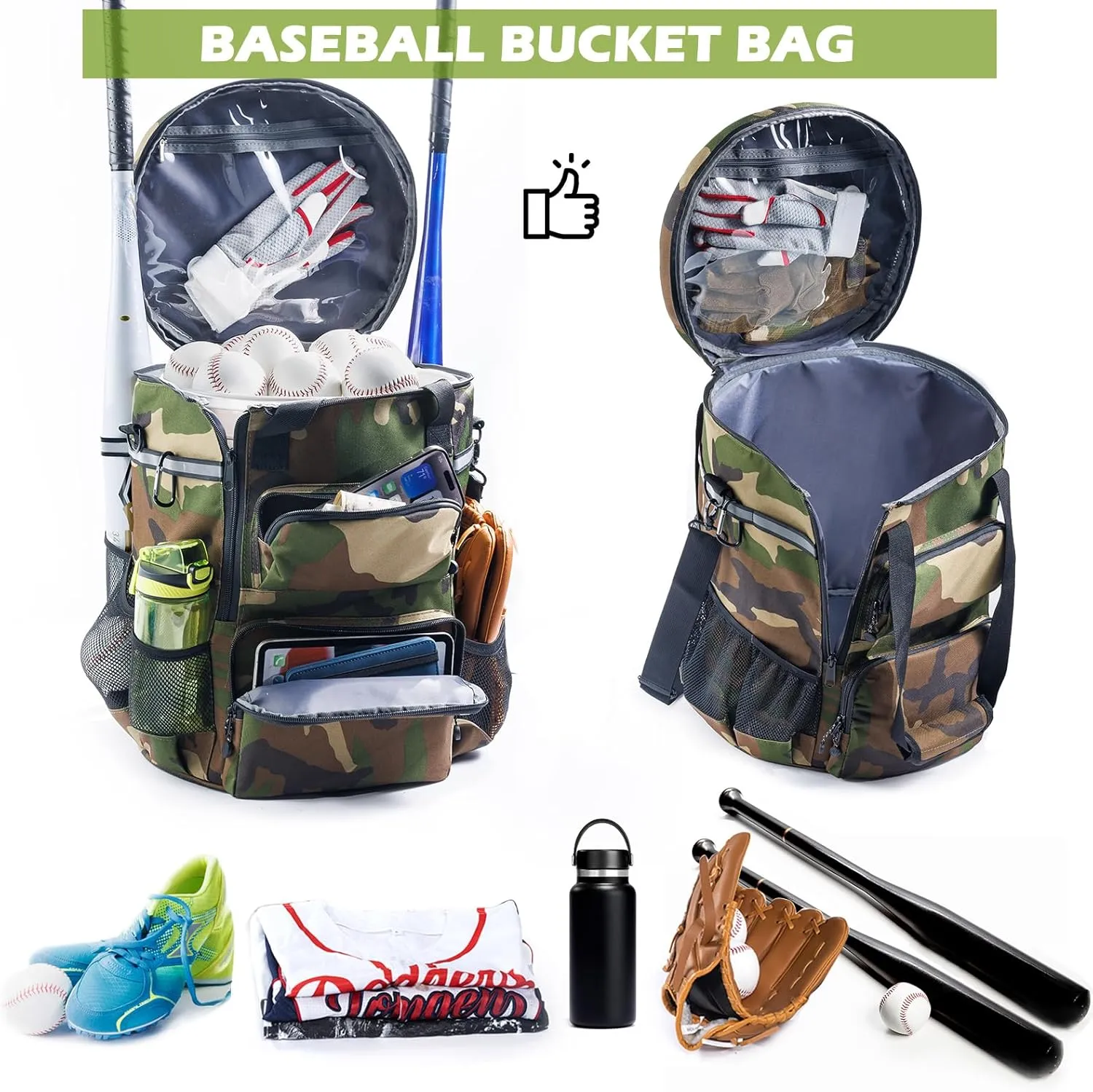 VIGERARI Baseball Bucket Bag- Coach Bag-Expandable Softball Bucket Organizer with Padded Seat