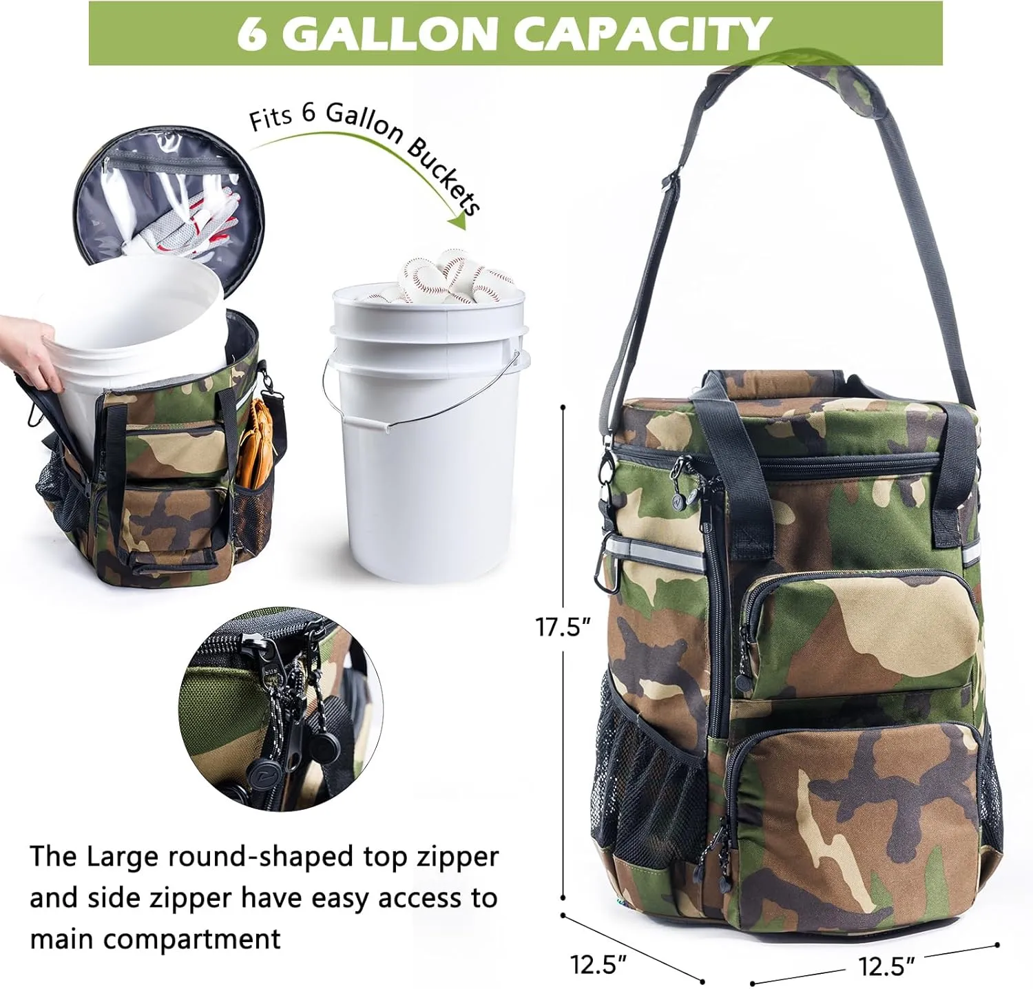 VIGERARI Baseball Bucket Bag- Coach Bag-Expandable Softball Bucket Organizer with Padded Seat