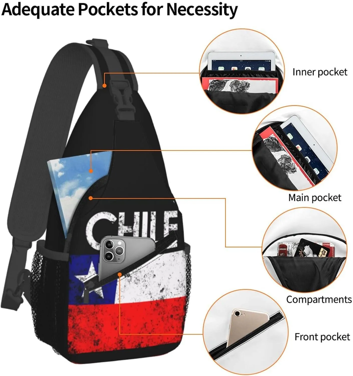 Vintage Chile Chilean Flags Crossbody Bags Sling Backpack Cross Chest Bag Sports Shoulder Bag Gym Fanny Pack Adjustable Cycling Daypack Diagonally Rucksack for Running