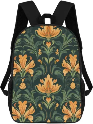Vintage European Flowers Leaves 17 Inches Travel Backpacks Funny Shoulder Bag Lightweight Daypack