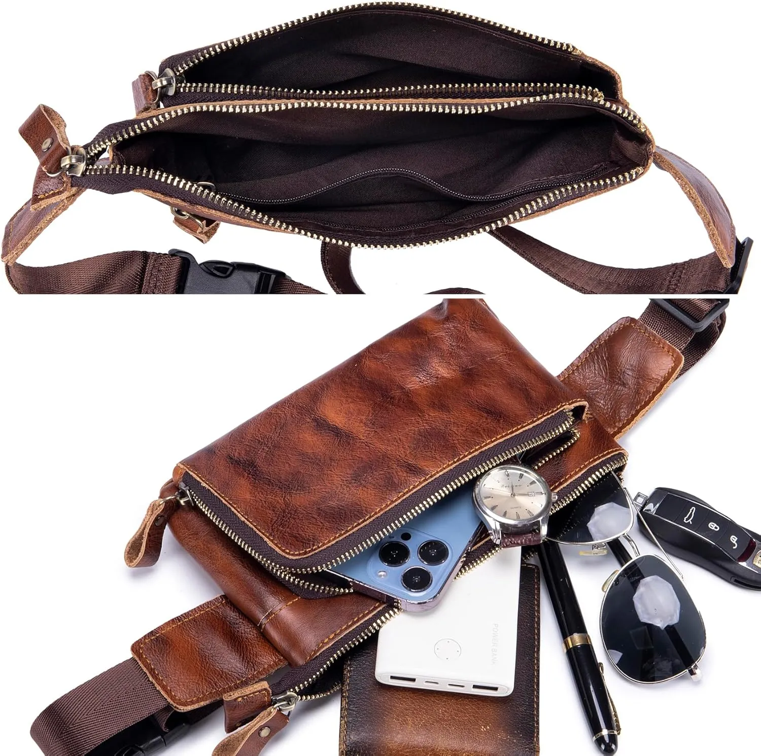 Vintage Genuine Leather Waist Bag Fanny Pack for Men Women Hip Bum Bag Travel Pouch Sling Bag Crossbody Chest Bags Shoulder Daypack Multiple Pockets Waist Pack Brown