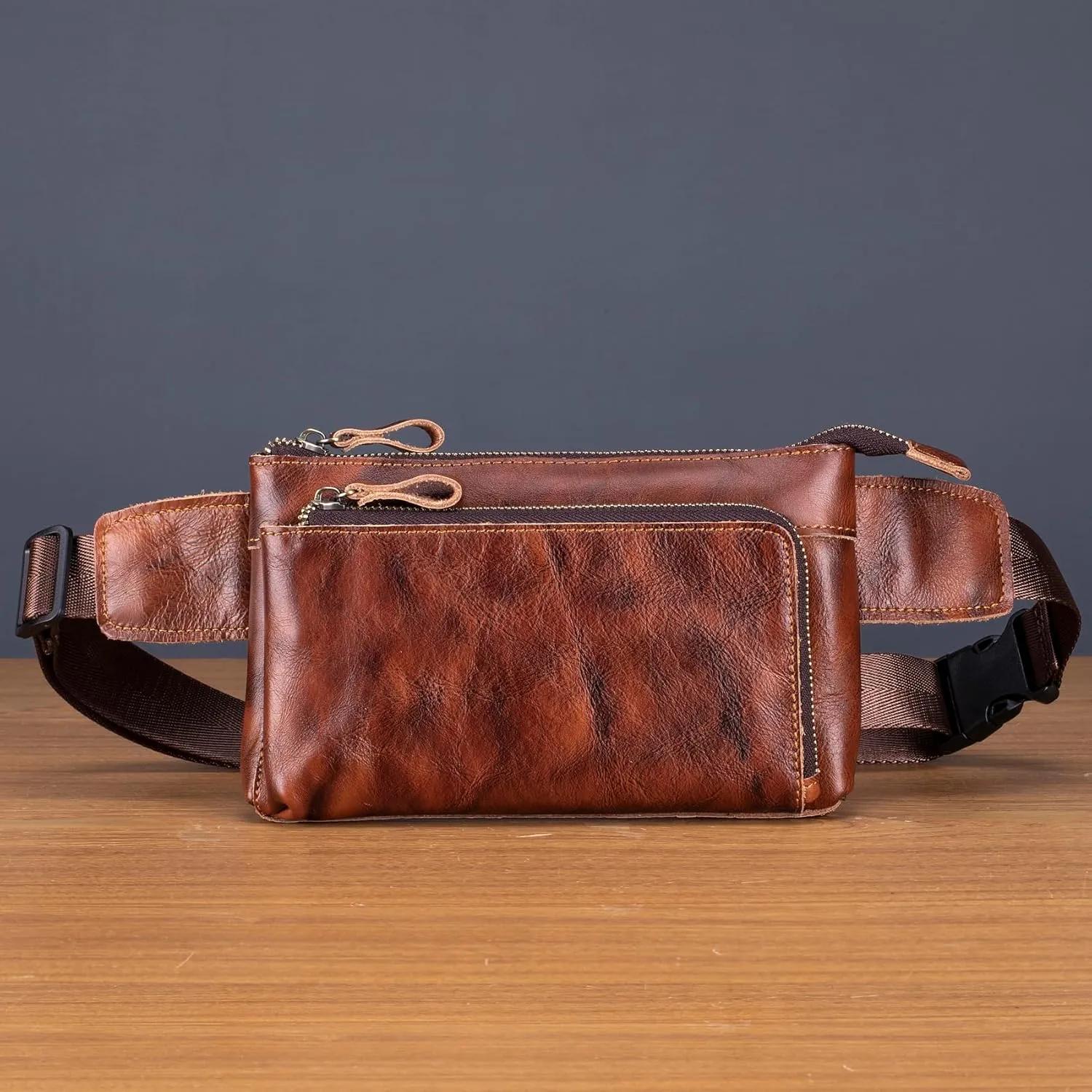 Vintage Genuine Leather Waist Bag Fanny Pack for Men Women Hip Bum Bag Travel Pouch Sling Bag Crossbody Chest Bags Shoulder Daypack Multiple Pockets Waist Pack Brown