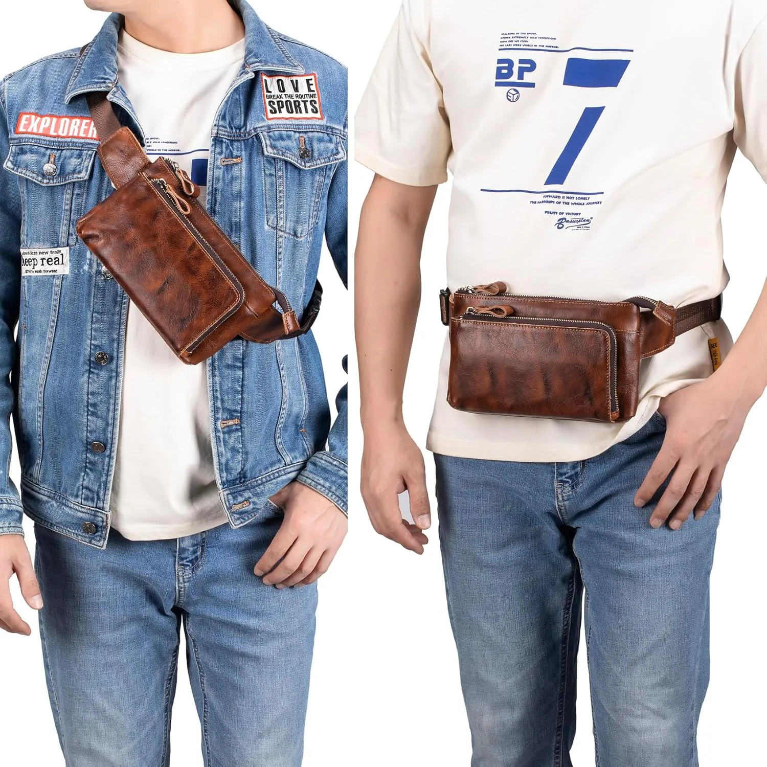 Vintage Genuine Leather Waist Bag Fanny Pack for Men Women Hip Bum Bag Travel Pouch Sling Bag Crossbody Chest Bags Shoulder Daypack Multiple Pockets Waist Pack Brown