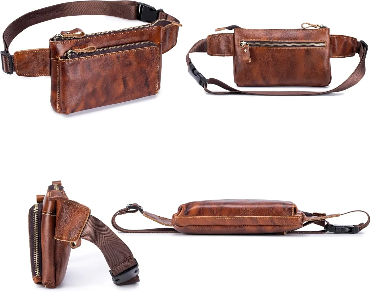 Vintage Genuine Leather Waist Bag Fanny Pack for Men Women Hip Bum Bag Travel Pouch Sling Bag Crossbody Chest Bags Shoulder Daypack Multiple Pockets Waist Pack Brown