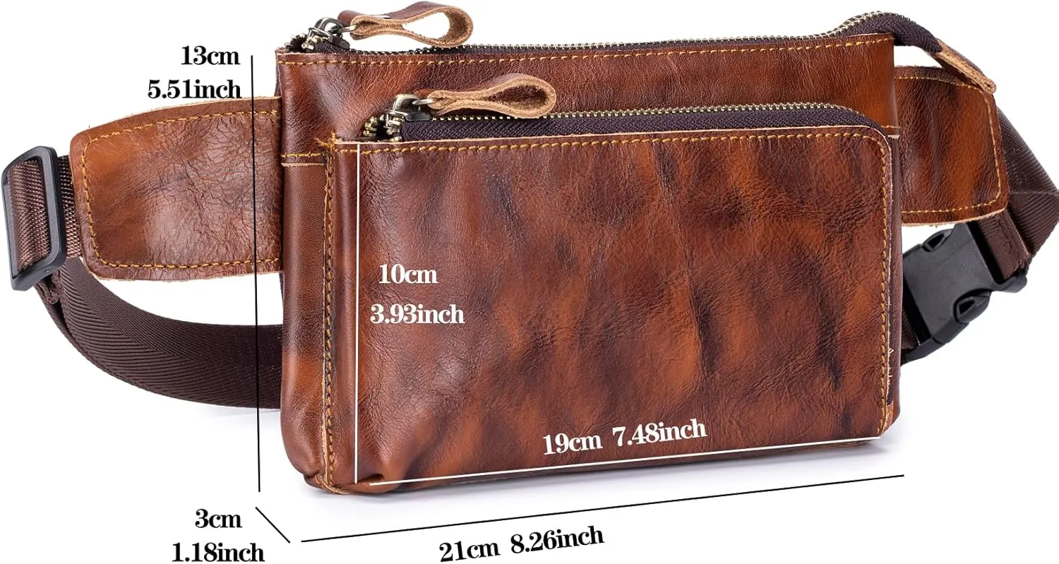 Vintage Genuine Leather Waist Bag Fanny Pack for Men Women Hip Bum Bag Travel Pouch Sling Bag Crossbody Chest Bags Shoulder Daypack Multiple Pockets Waist Pack Brown
