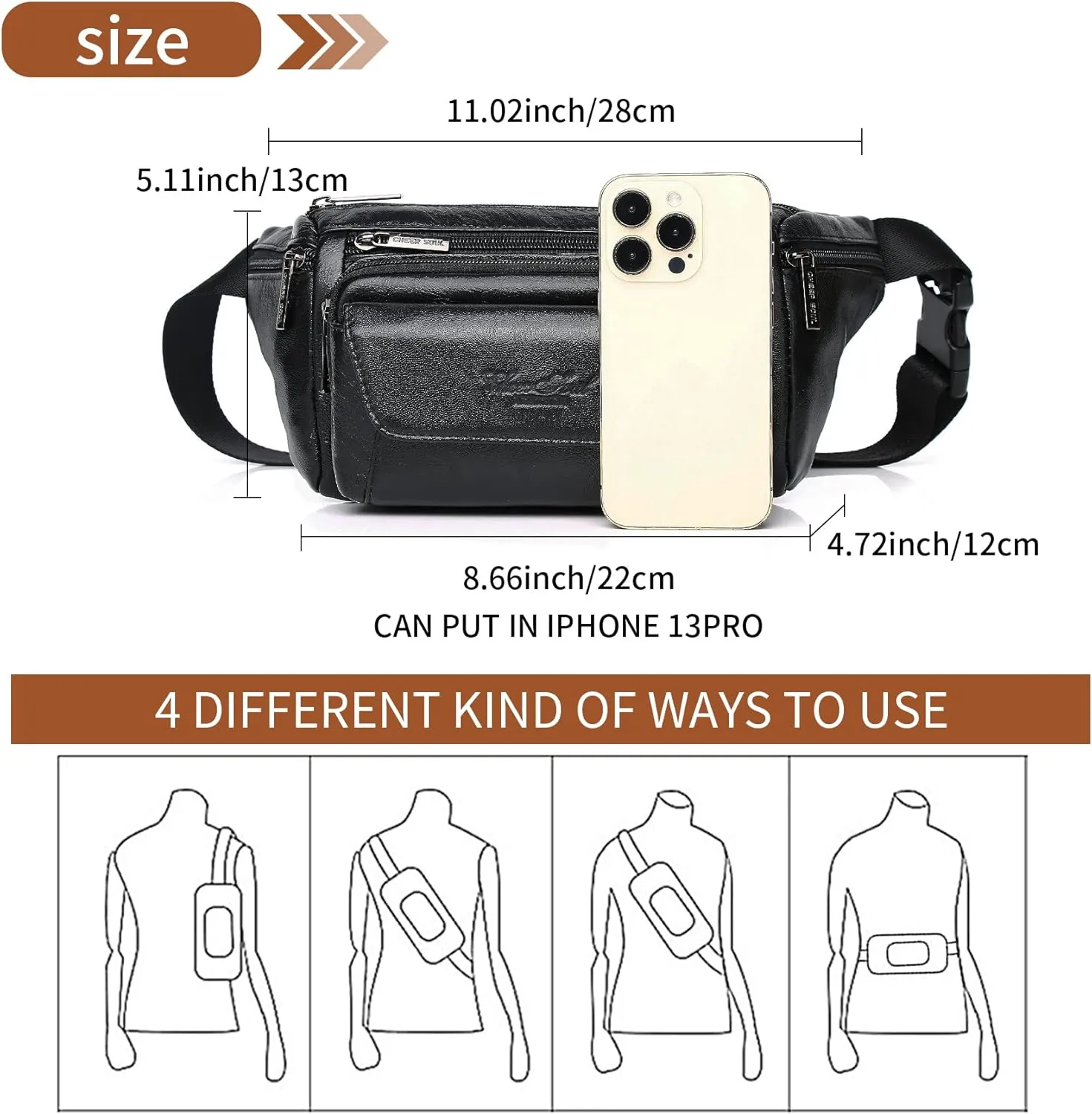 Vintage Leather Waist Bag Fanny Pack for Men (06-Black)