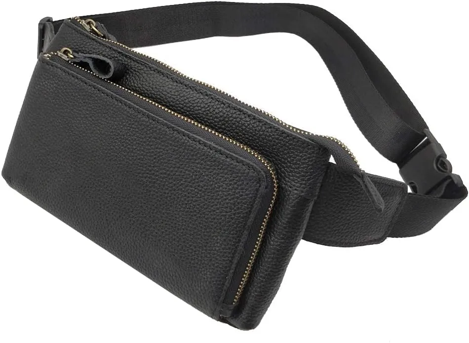 Vintage Leather Waist Bag Fanny Pack for Men Women Hip Bum Bag Belt Slim Cell Phone Purse Wallet Vintage Retro Crossbody Sling Pouch Black