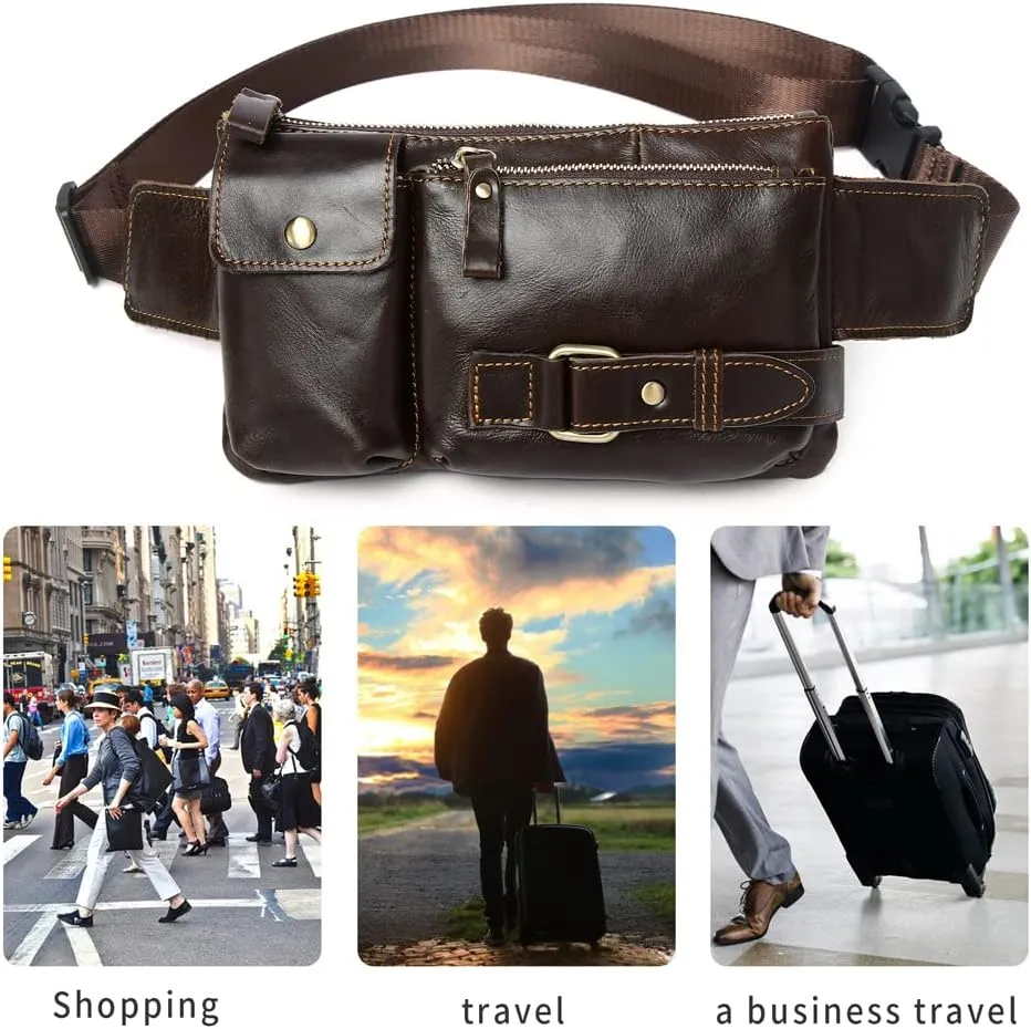 Vintage Leather Waist Bag Fanny Pack for Men Women Hip Bum Bag Belt Slim Cell Phone Purse Wallet Vintage Retro Crossbody Sling Pouch Brown