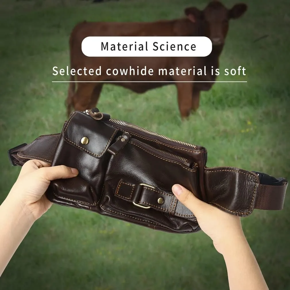 Vintage Leather Waist Bag Fanny Pack for Men Women Hip Bum Bag Belt Slim Cell Phone Purse Wallet Vintage Retro Crossbody Sling Pouch Brown
