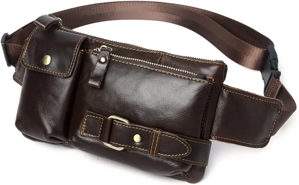 Vintage Leather Waist Bag Fanny Pack for Men Women Hip Bum Bag Belt Slim Cell Phone Purse Wallet Vintage Retro Crossbody Sling Pouch Brown