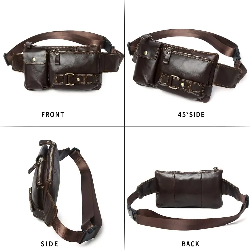 Vintage Leather Waist Bag Fanny Pack for Men Women Hip Bum Bag Belt Slim Cell Phone Purse Wallet Vintage Retro Crossbody Sling Pouch Brown