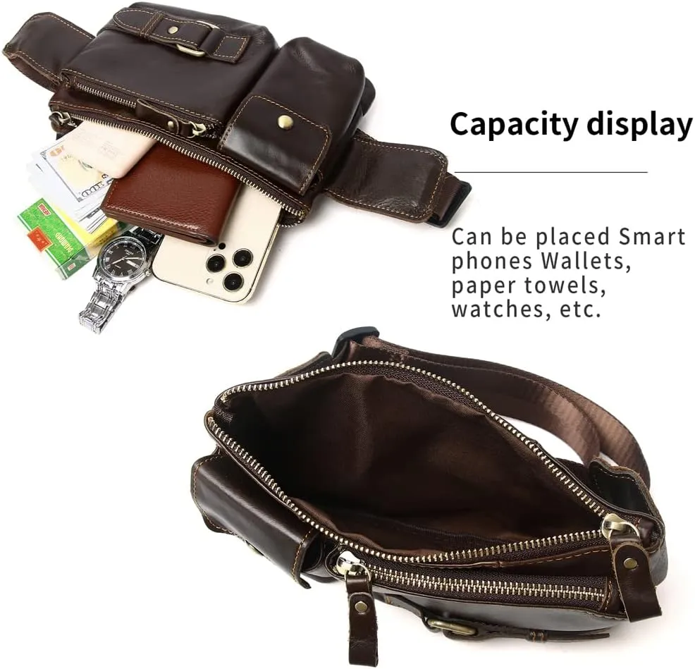 Vintage Leather Waist Bag Fanny Pack for Men Women Hip Bum Bag Belt Slim Cell Phone Purse Wallet Vintage Retro Crossbody Sling Pouch Brown