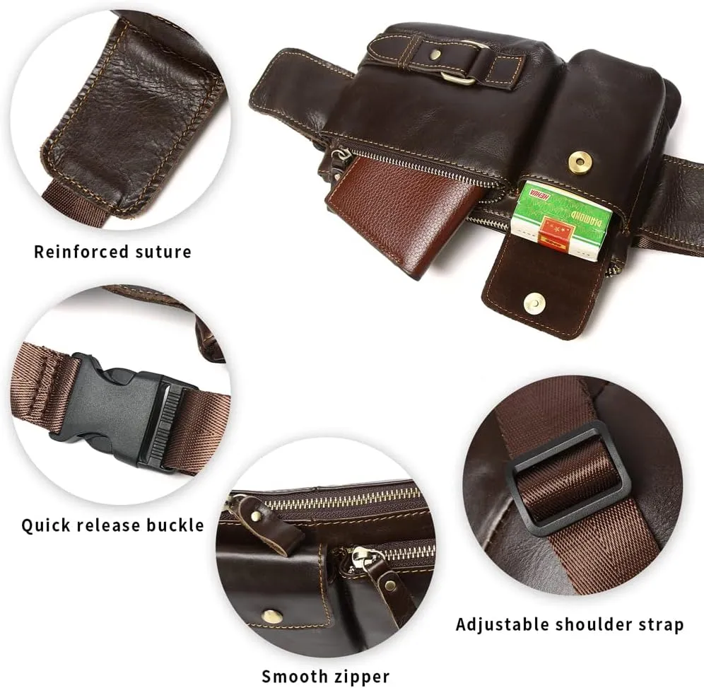 Vintage Leather Waist Bag Fanny Pack for Men Women Hip Bum Bag Belt Slim Cell Phone Purse Wallet Vintage Retro Crossbody Sling Pouch Brown