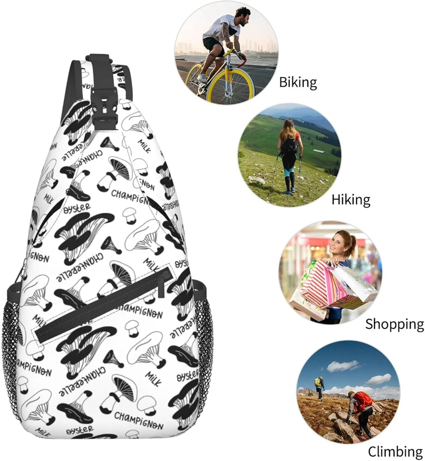 Vintage Mushroom Pattern Sling Backpack Crossbody Bag, Chest Bag Daypack for Outdoors Hiking Traveling