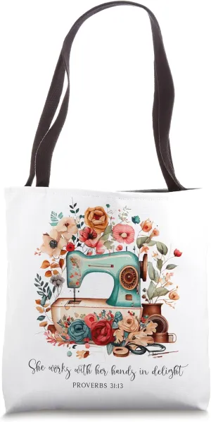 Vintage Sewing She Works With Her Hand In Delight Christian Tote Bag