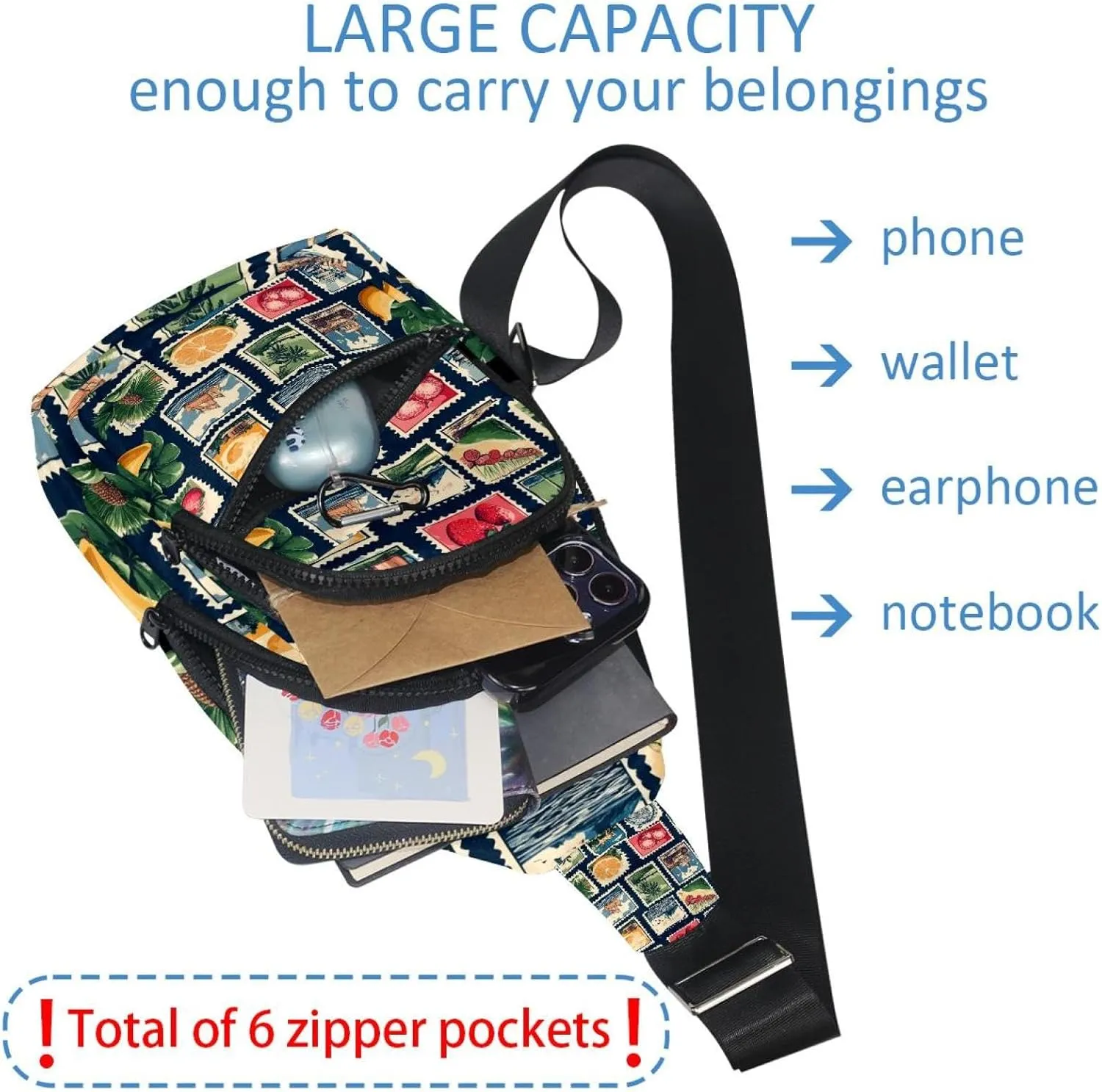 Vintage world travel post card stamp (4) Sling Backpack, Adjustable Crossbody Shoulder Bag Travel Hiking Daypack