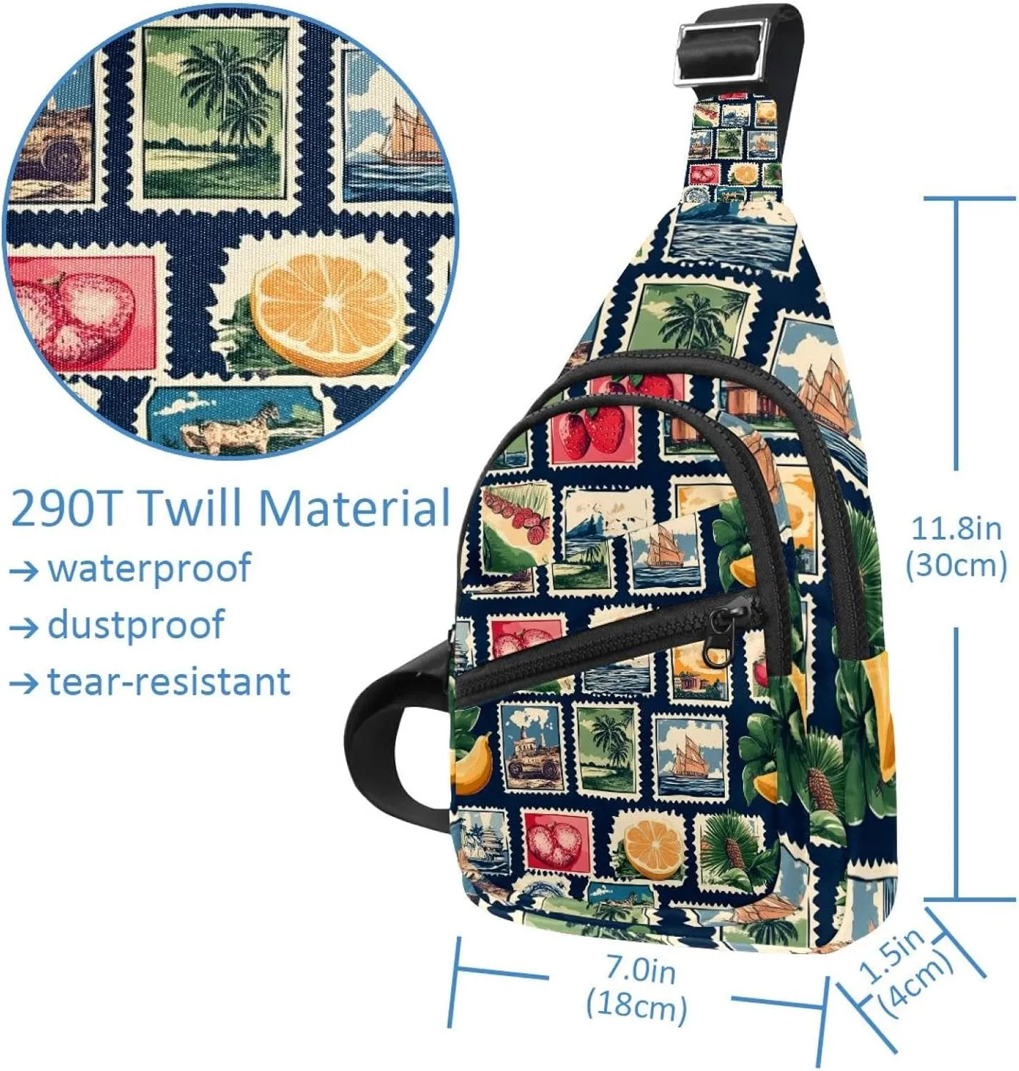 Vintage world travel post card stamp (4) Sling Backpack, Adjustable Crossbody Shoulder Bag Travel Hiking Daypack