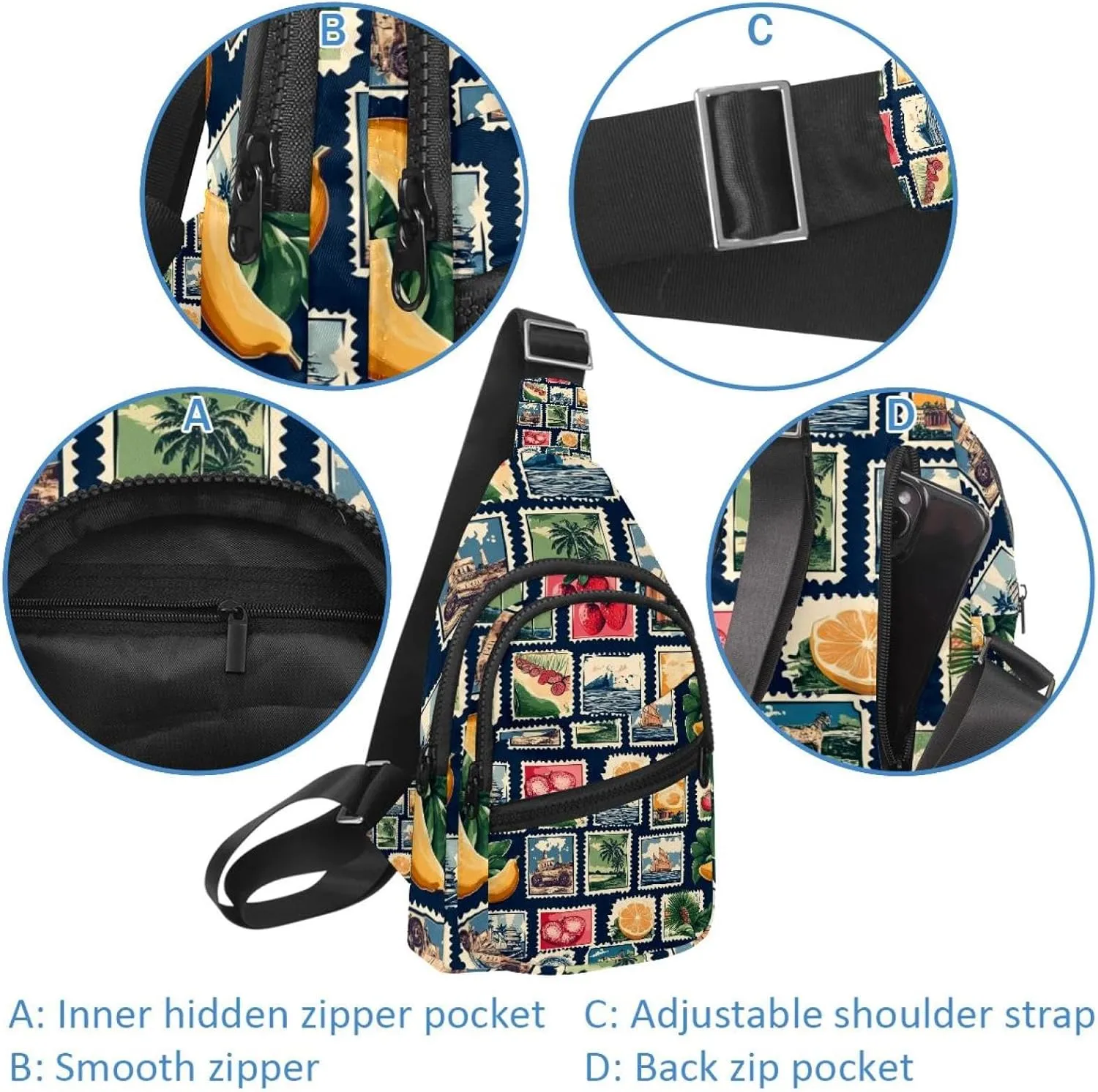 Vintage world travel post card stamp (4) Sling Backpack, Adjustable Crossbody Shoulder Bag Travel Hiking Daypack