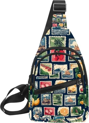 Vintage world travel post card stamp (4) Sling Backpack, Adjustable Crossbody Shoulder Bag Travel Hiking Daypack