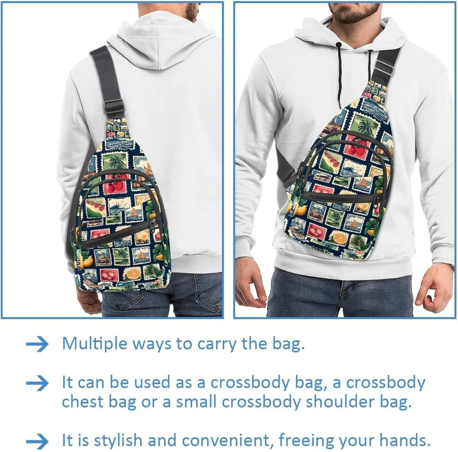 Vintage world travel post card stamp (4) Sling Backpack, Adjustable Crossbody Shoulder Bag Travel Hiking Daypack