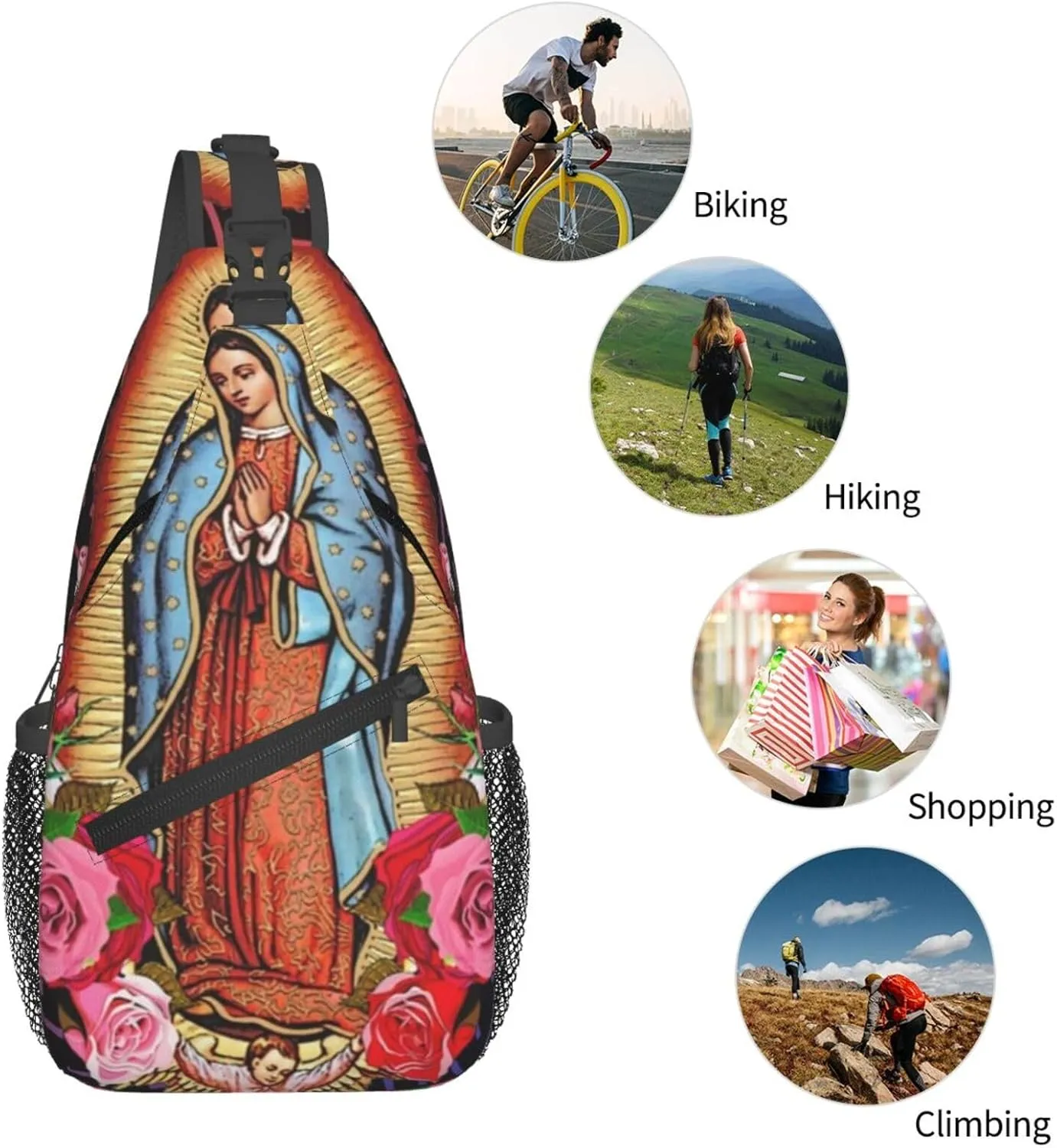 Virgen De Guadalupe Virgin Mary Flowers Crossbody Backpack For Men Women Sling Shoulder Dachshunds Dog Chest Bag Lightweight One Strap Multipurpose Travel Hiking Daypack