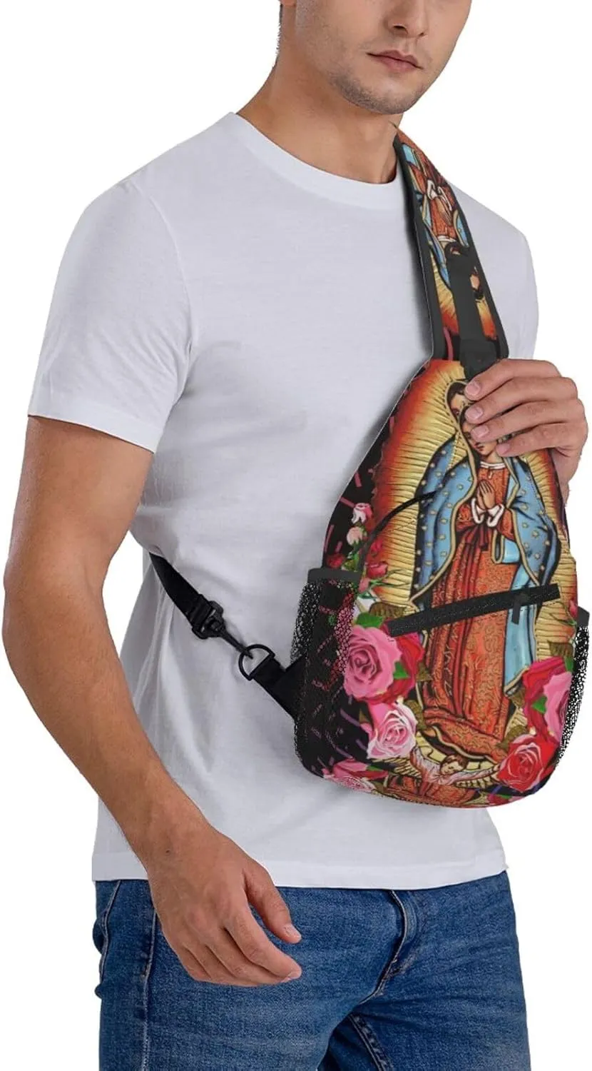 Virgen De Guadalupe Virgin Mary Flowers Crossbody Backpack For Men Women Sling Shoulder Dachshunds Dog Chest Bag Lightweight One Strap Multipurpose Travel Hiking Daypack