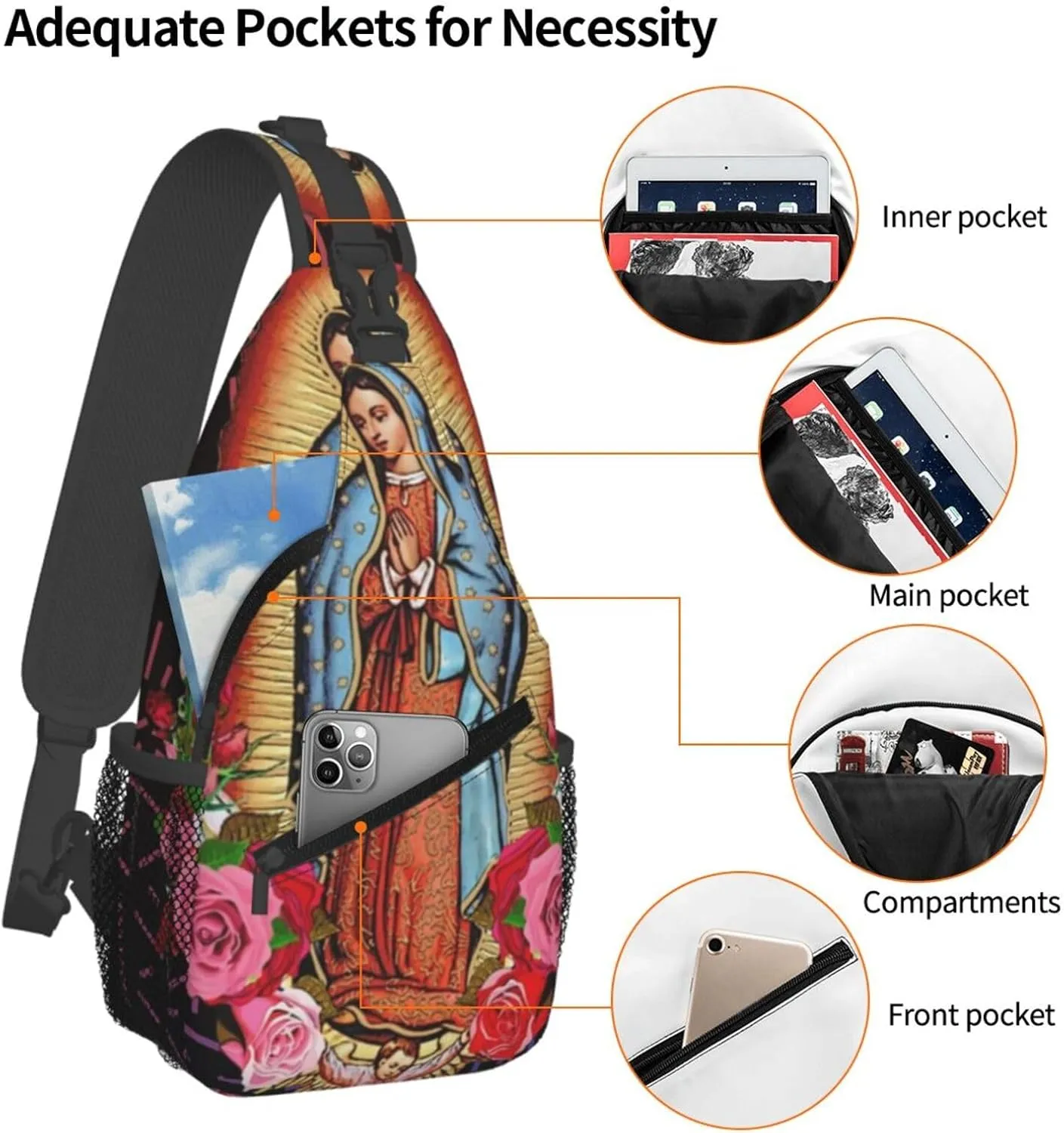 Virgen De Guadalupe Virgin Mary Flowers Crossbody Backpack For Men Women Sling Shoulder Dachshunds Dog Chest Bag Lightweight One Strap Multipurpose Travel Hiking Daypack