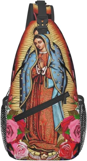 Virgen De Guadalupe Virgin Mary Flowers Crossbody Backpack For Men Women Sling Shoulder Dachshunds Dog Chest Bag Lightweight One Strap Multipurpose Travel Hiking Daypack