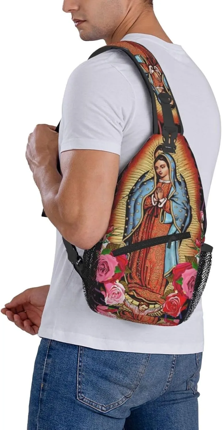 Virgen De Guadalupe Virgin Mary Flowers Crossbody Backpack For Men Women Sling Shoulder Dachshunds Dog Chest Bag Lightweight One Strap Multipurpose Travel Hiking Daypack