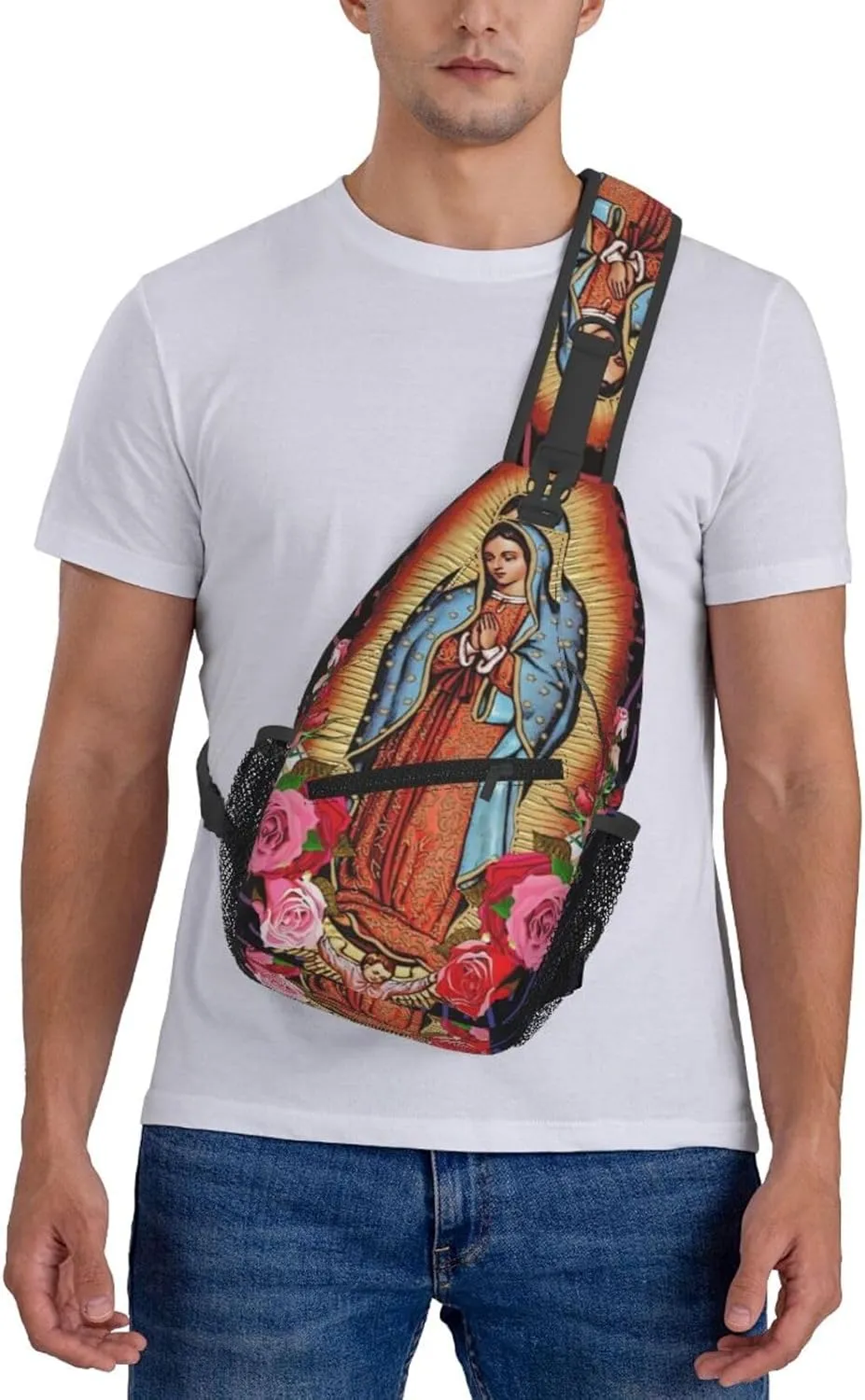 Virgen De Guadalupe Virgin Mary Flowers Crossbody Backpack For Men Women Sling Shoulder Dachshunds Dog Chest Bag Lightweight One Strap Multipurpose Travel Hiking Daypack