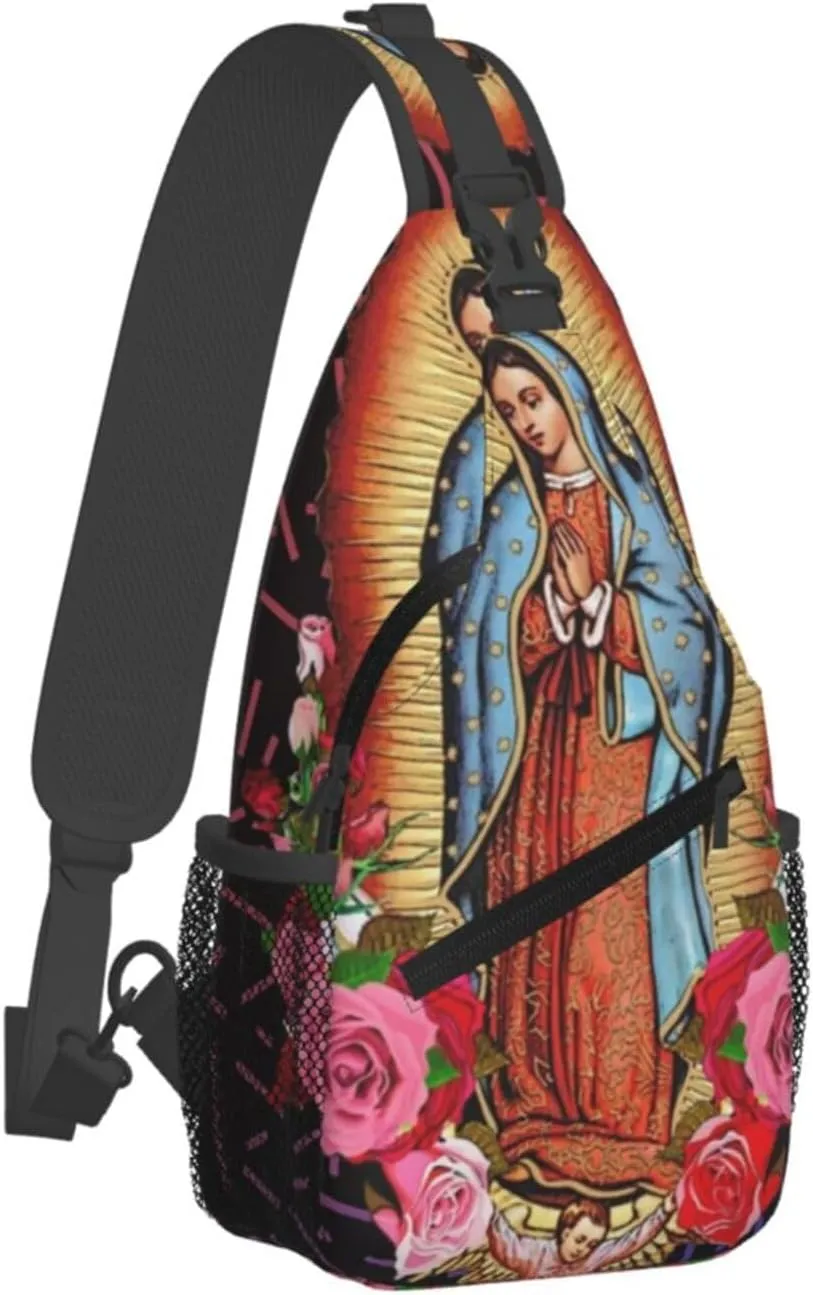 Virgen De Guadalupe Virgin Mary Flowers Crossbody Backpack For Men Women Sling Shoulder Dachshunds Dog Chest Bag Lightweight One Strap Multipurpose Travel Hiking Daypack