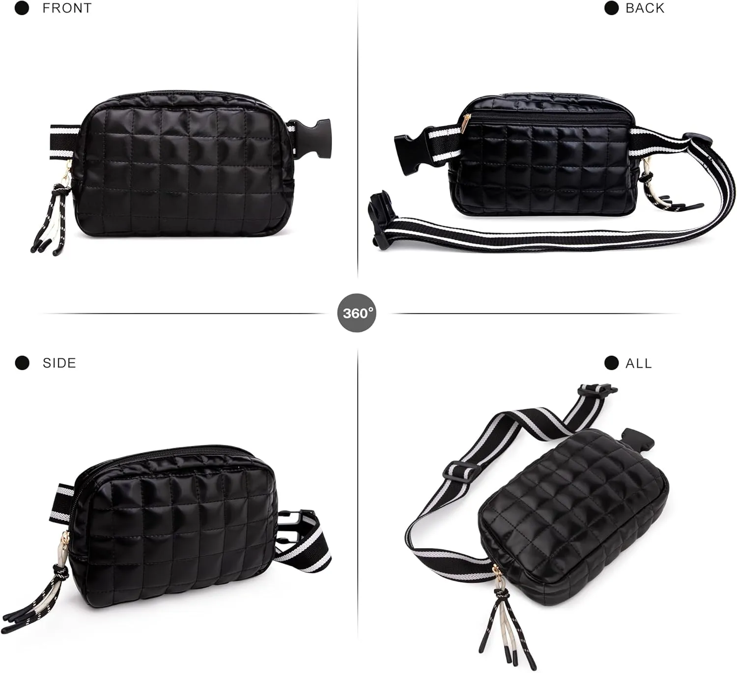 Viva Terry Puffer Bag Quilted Belt Bag Small Puffy Fanny Pack for Woman Running Traveling Hiking Workout Sports with Adjustable Strap-Black