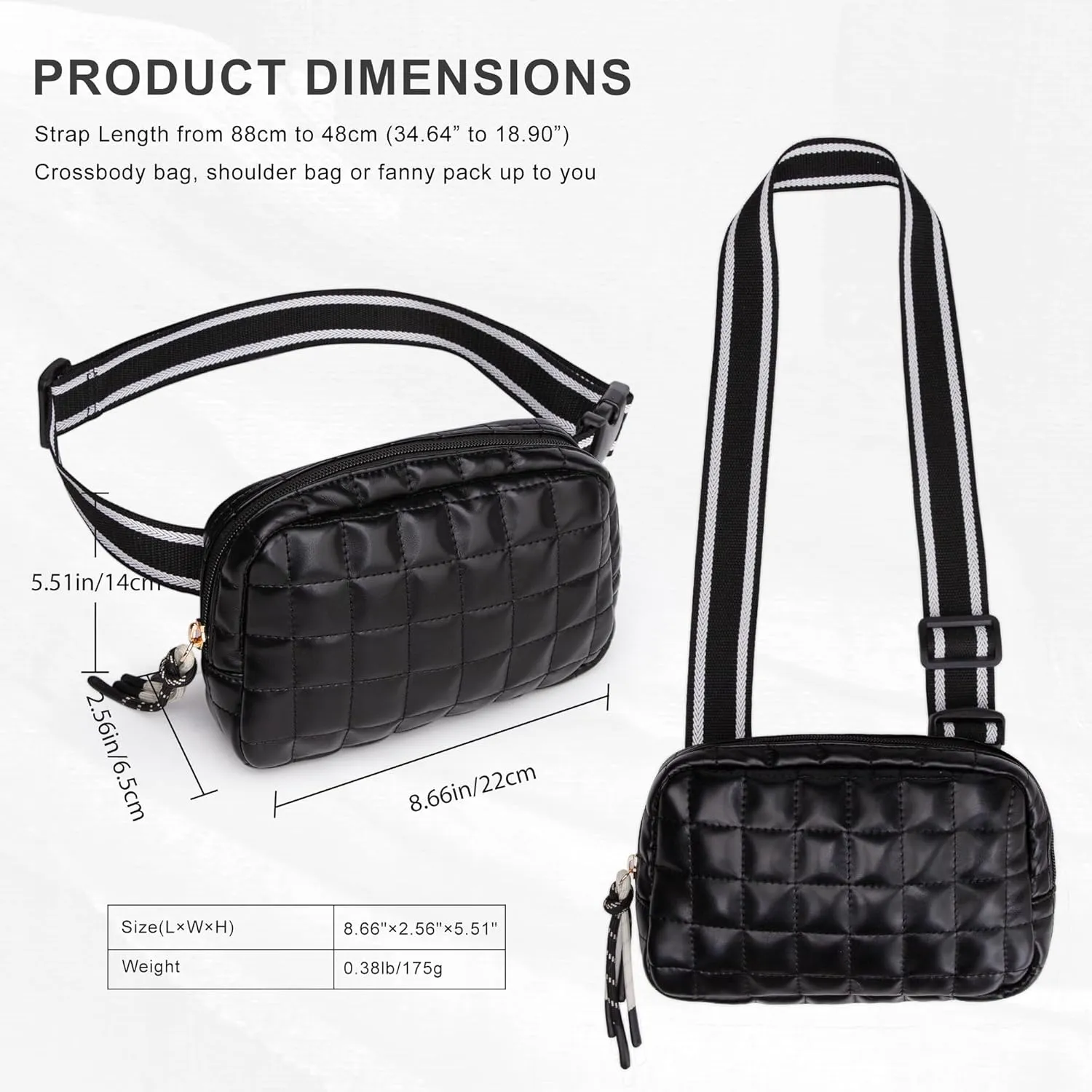 Viva Terry Puffer Bag Quilted Belt Bag Small Puffy Fanny Pack for Woman Running Traveling Hiking Workout Sports with Adjustable Strap-Black
