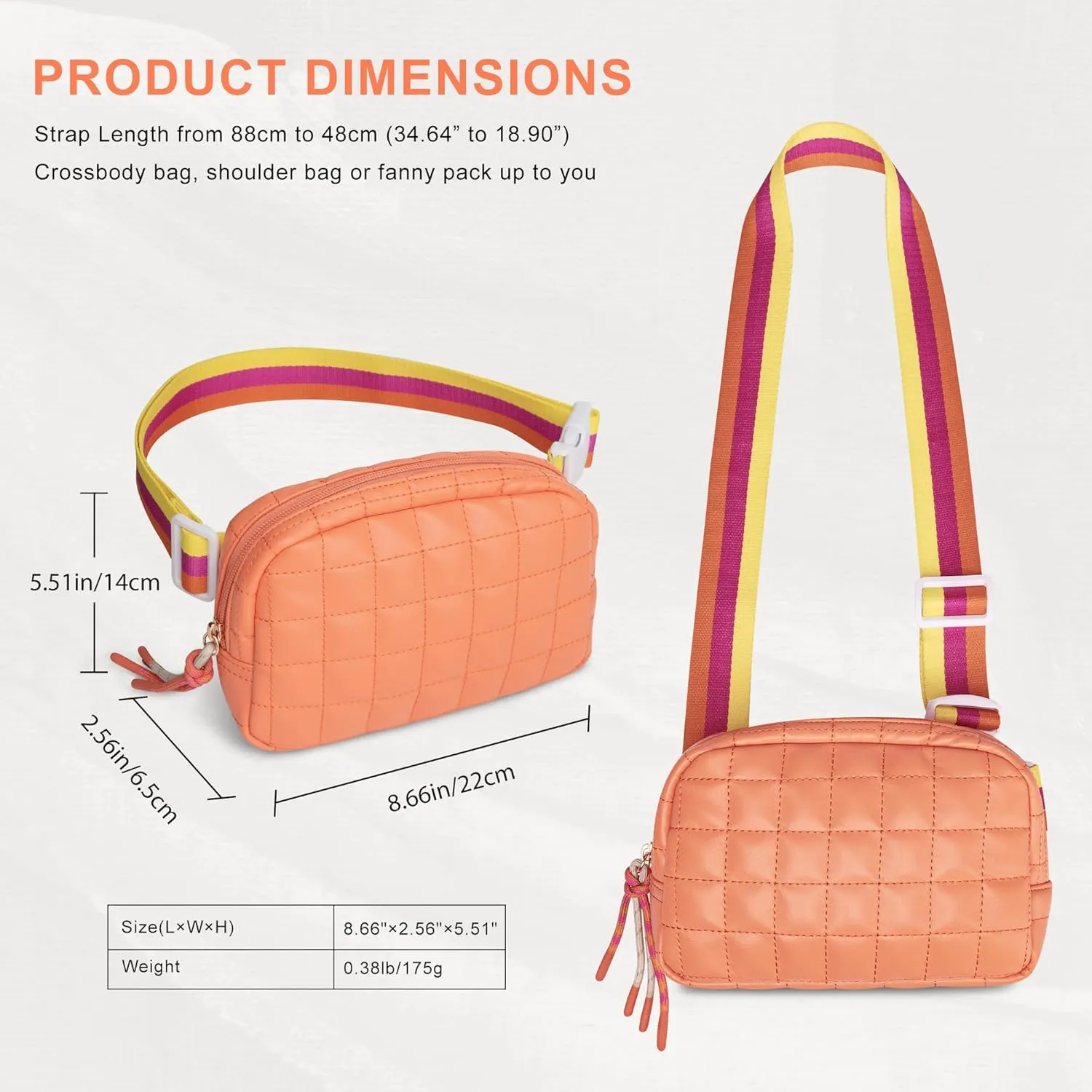 Viva Terry Puffer Bag Quilted Crossbody Bag Small Puffy Padded Belt Bag for Woman Running Traveling Hiking Workout Sports with Adjustable Strap-Orange
