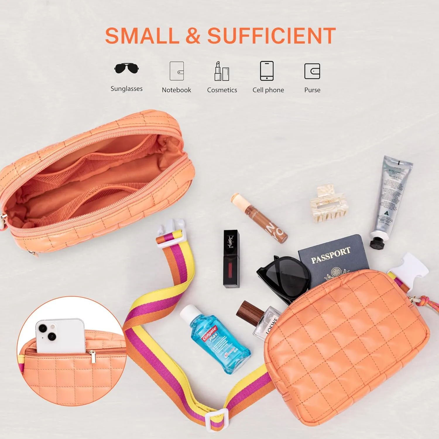 Viva Terry Puffer Bag Quilted Crossbody Bag Small Puffy Padded Belt Bag for Woman Running Traveling Hiking Workout Sports with Adjustable Strap-Orange