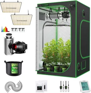 VIVOSUN 2-Pack VS1000 LED Grow Light with Sosen, 4x4 Grow Tent 48"x48"x80", 4 Inch 190 CFM Inline Duct Fan Combo, 5-Pack 5 Gallon Grow Bags and 5 x 15 ft. Plant Trellis Netting
