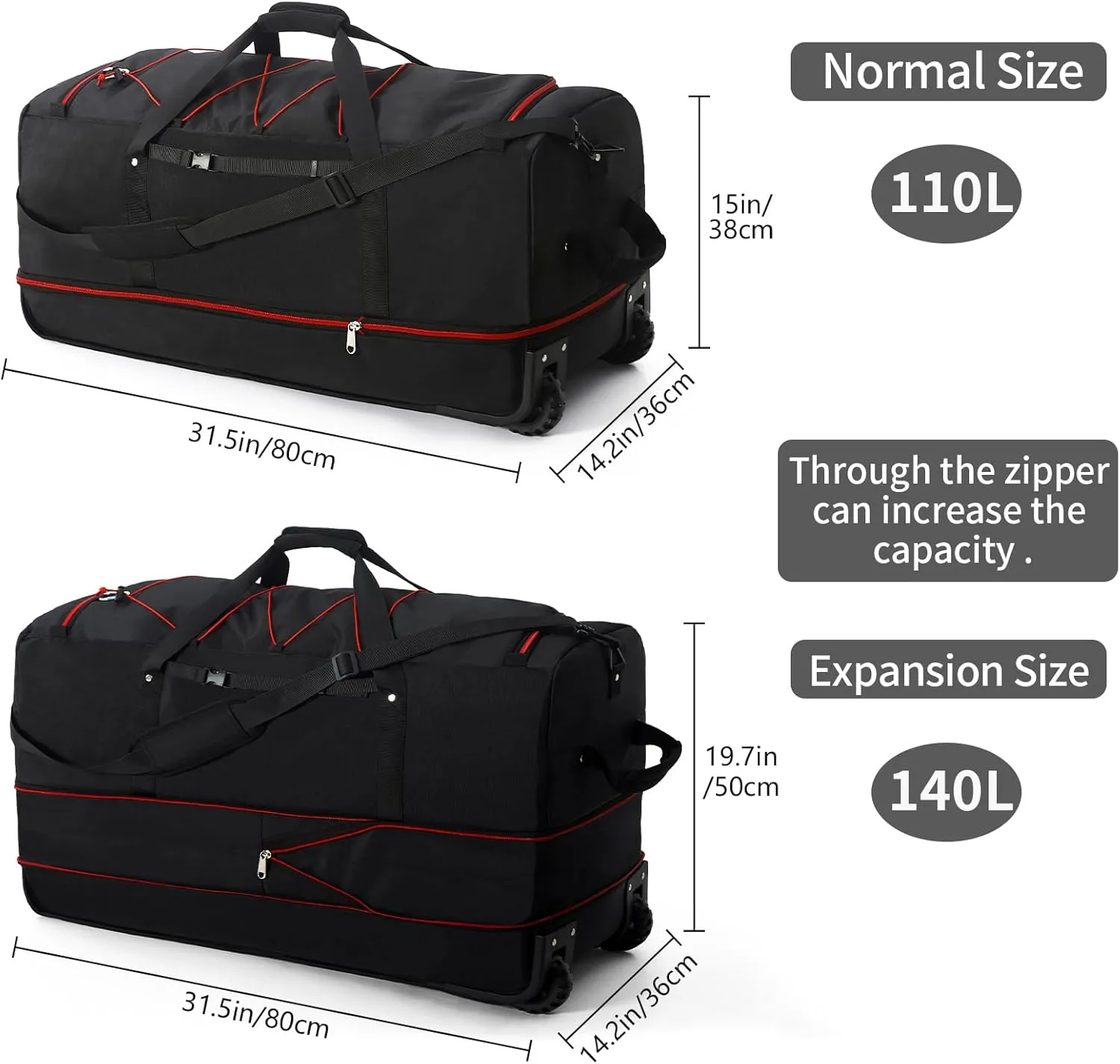 Vomgomfom Expandable from 110L to 140L 31.5" Rolling Duffle Bag with 2 Wheels,Foldable Travel Duffel Bag with Large Convertible Compartment Pocket